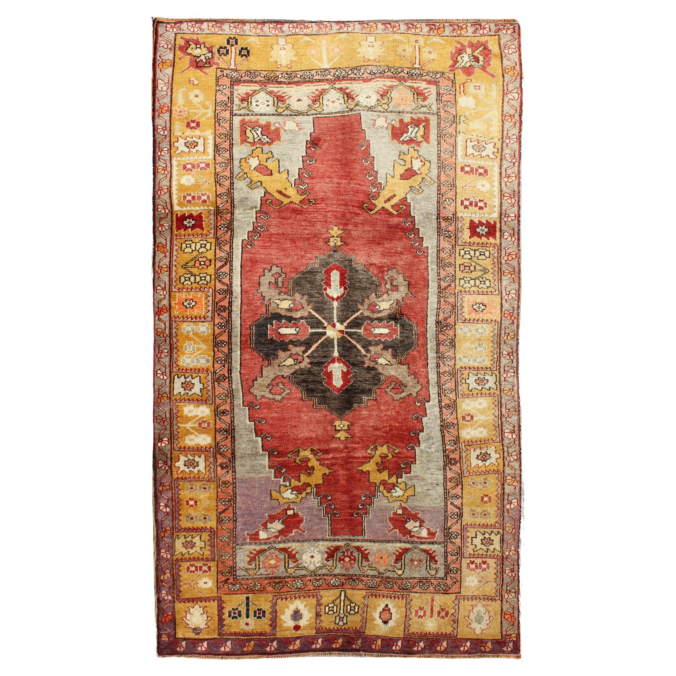Turkish Antique Tribal Diamond Medallion Oushak Area Rug in Red and Gold For Sale