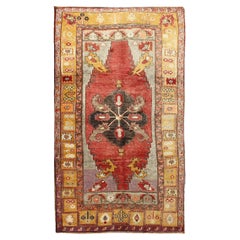 Turkish Antique Tribal Diamond Medallion Oushak Area Rug in Red and Gold
