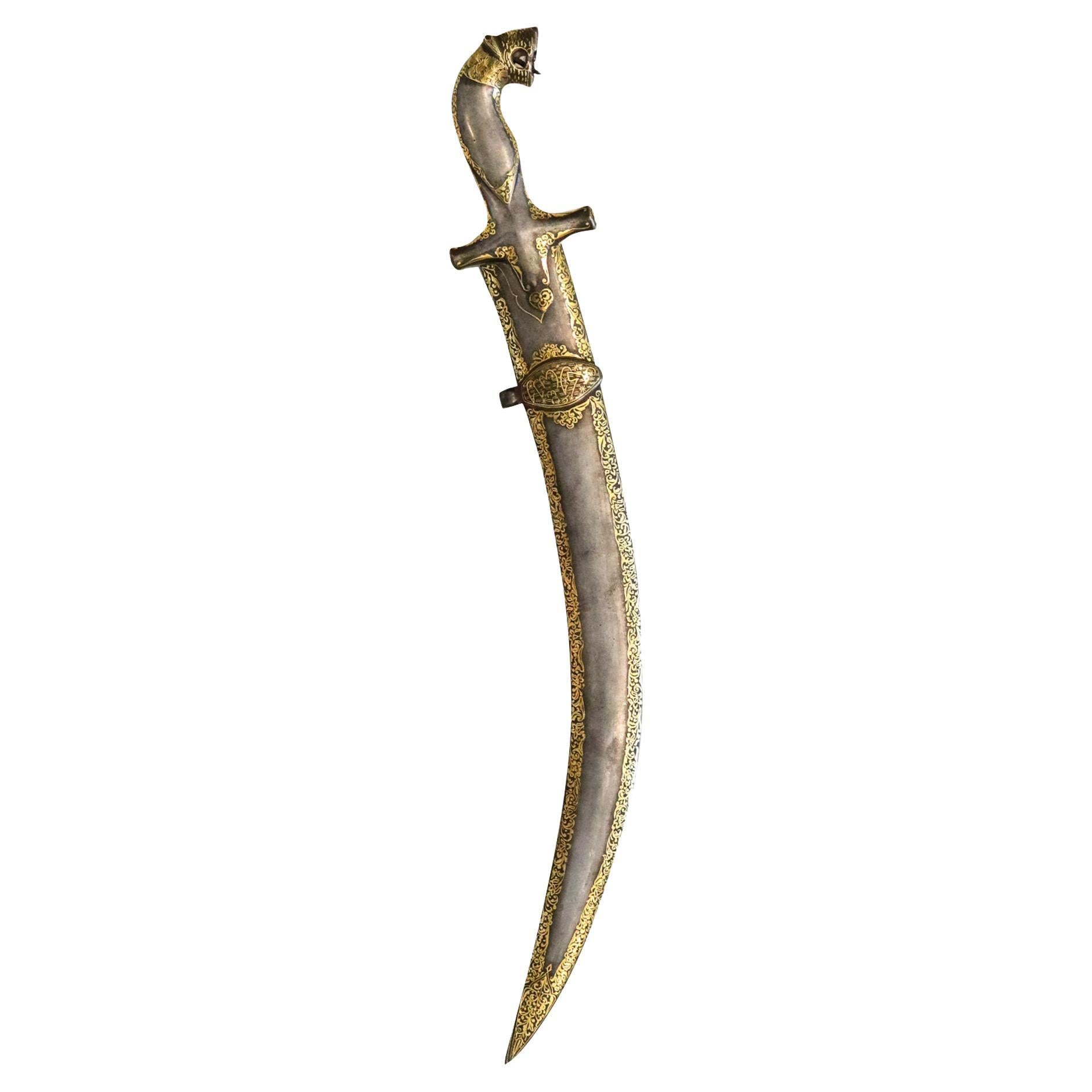 Turkish Arab 1820 Damascene Dagger with Sheath in Forged Steel and 24 Karat Gold