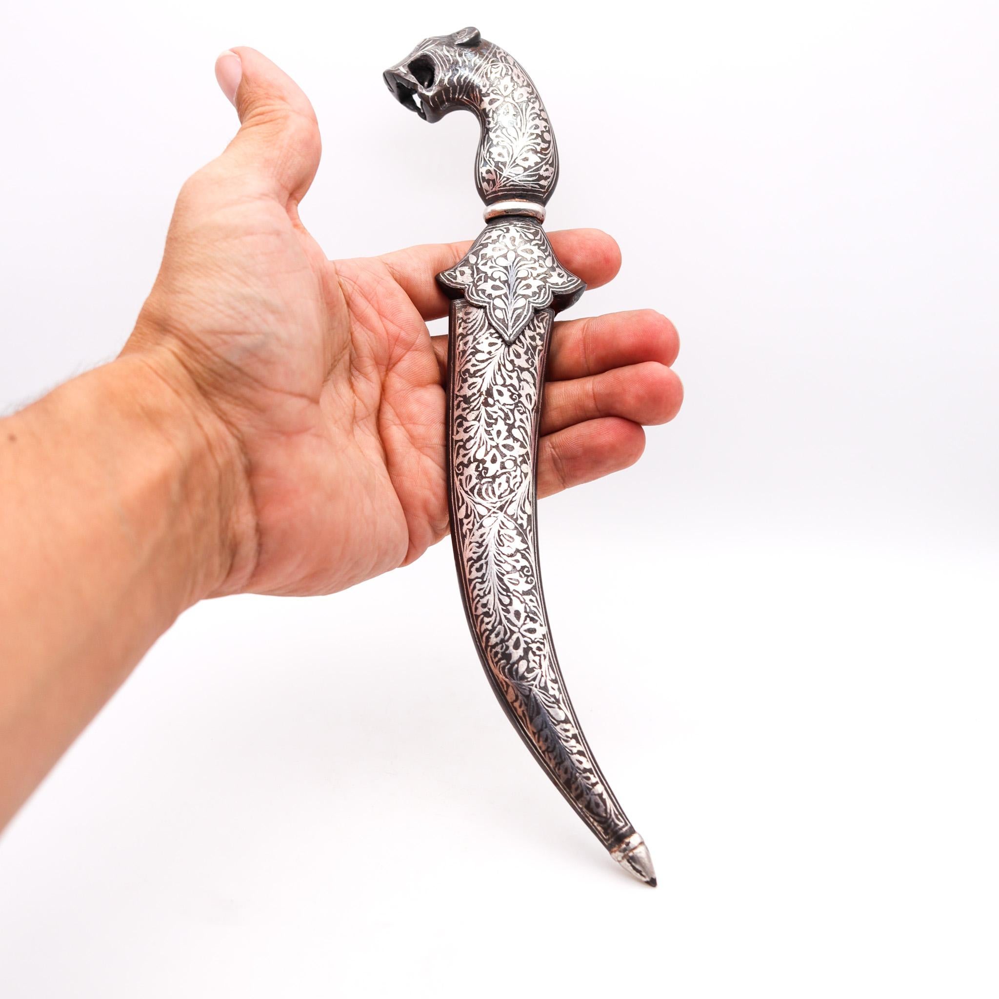 Islamic Turkish Arab 1850 Damascene Silver and Niello Waist Short Dagger with Sheath