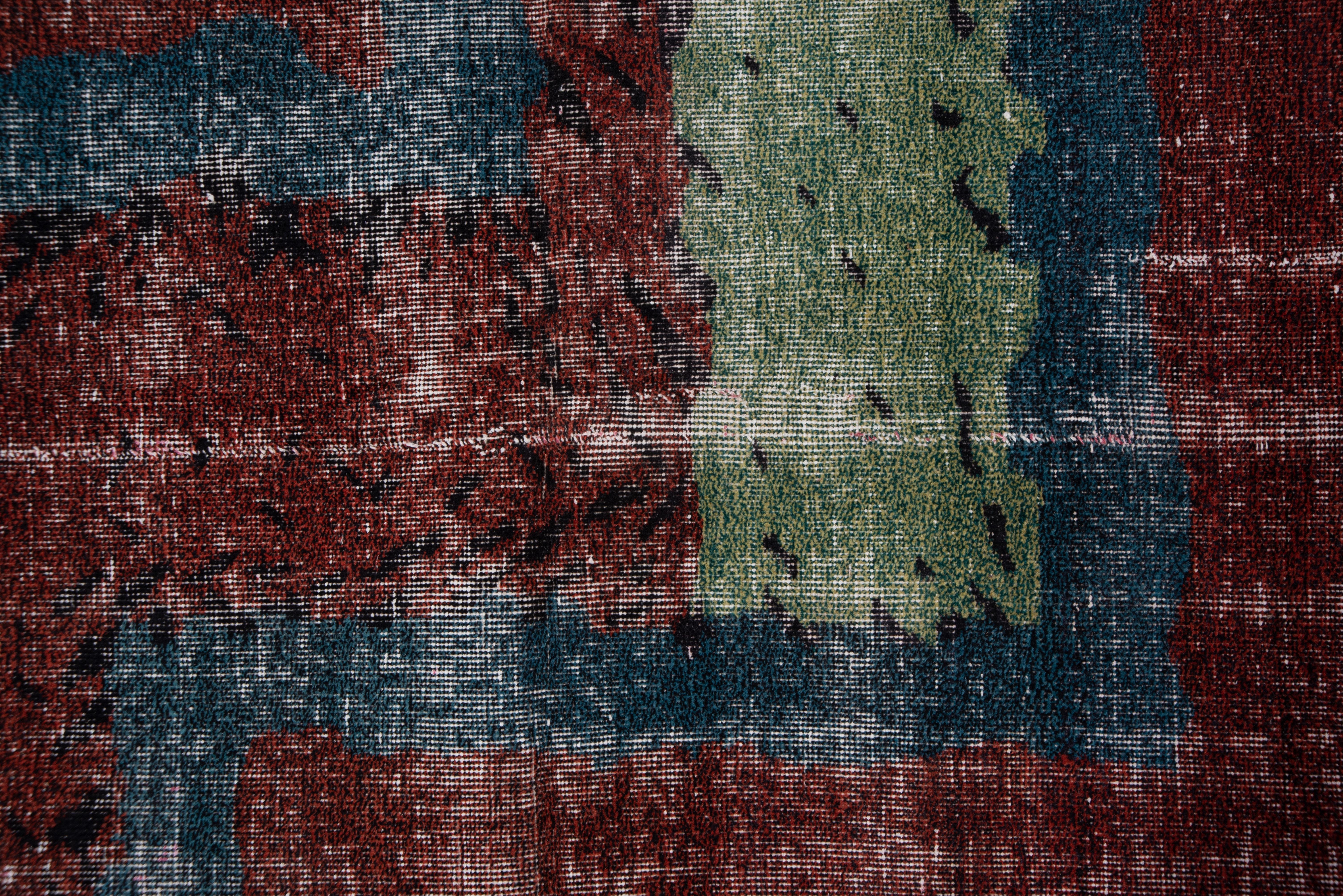 Lightly distressed, this borderless, simply geometric scatter shows a lipstick red field and light, bright blue bands forming an asymmetrically-placed rectangle enclosing a light green strip accented in black.
