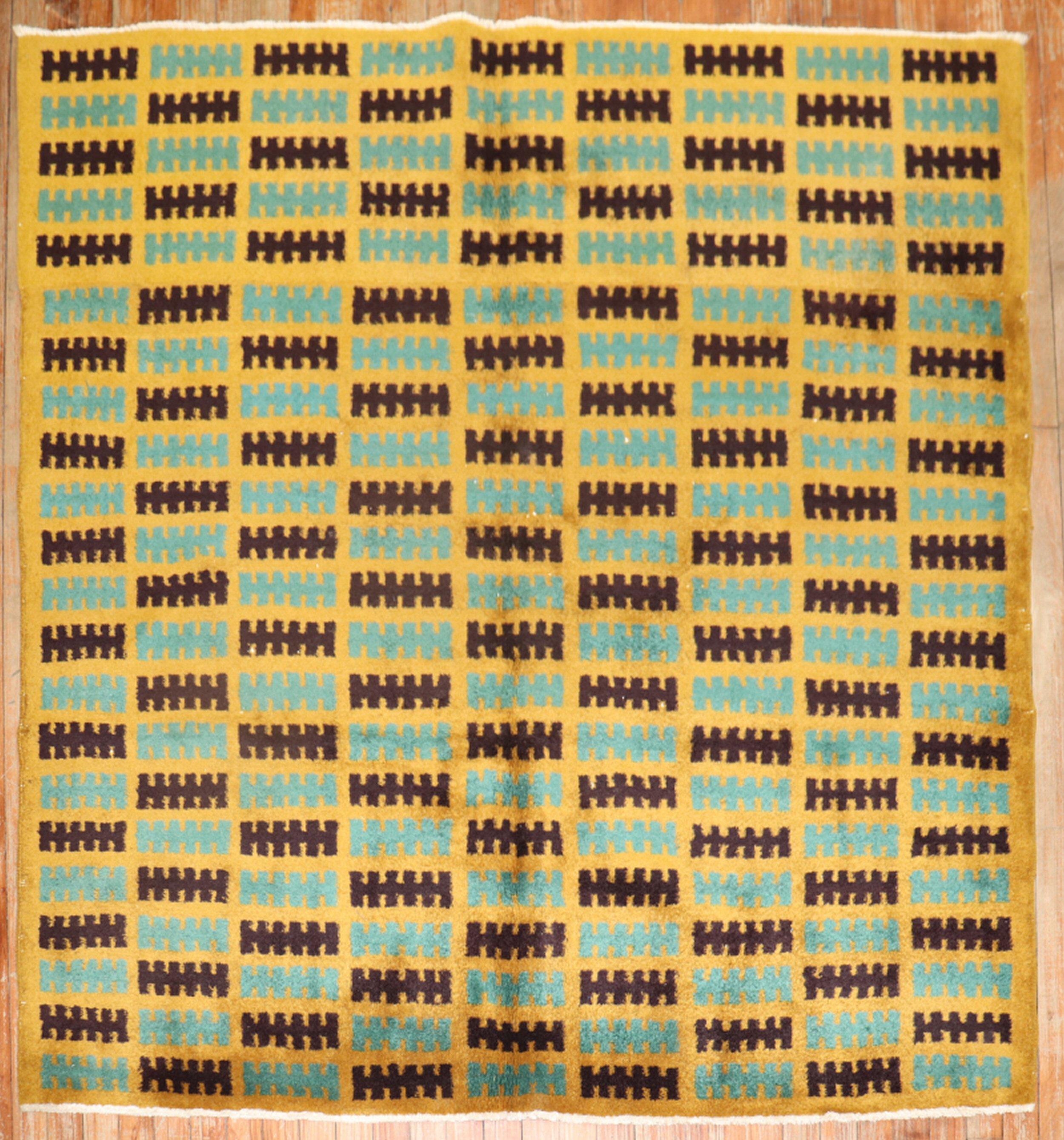 Square size Turkish Art Deco rug from the middle of the 20th century in yellow-green and dark brown

Measures: 5'4'' x 5'4''.