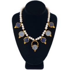 Turkish Baroque Pearl Necklace with Lapis Lazuli and Gilt Charms