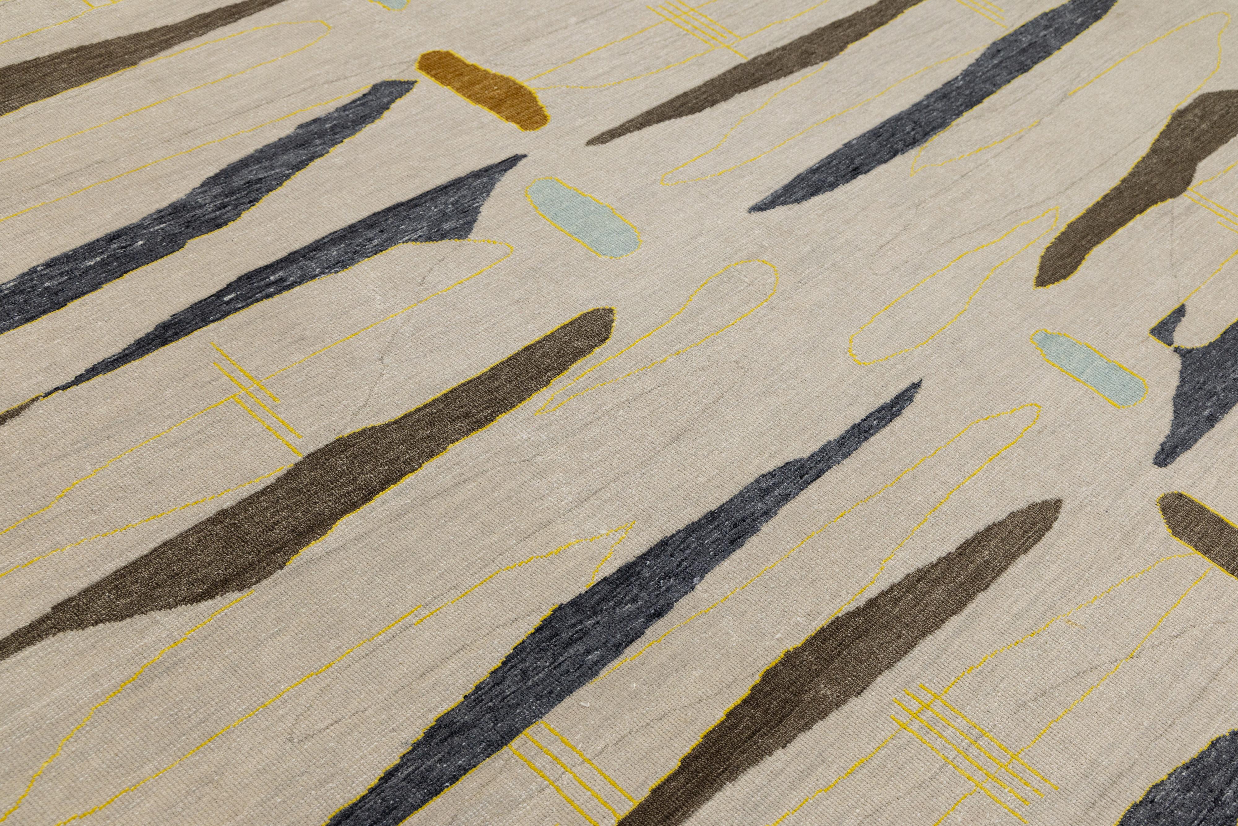 Turkish Beige Modern Wool Rug with Art Deco Design im Angebot 1