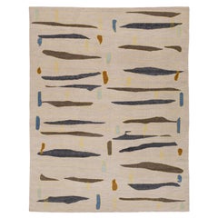 Turkish Beige Modern Wool Rug with Art Deco Design