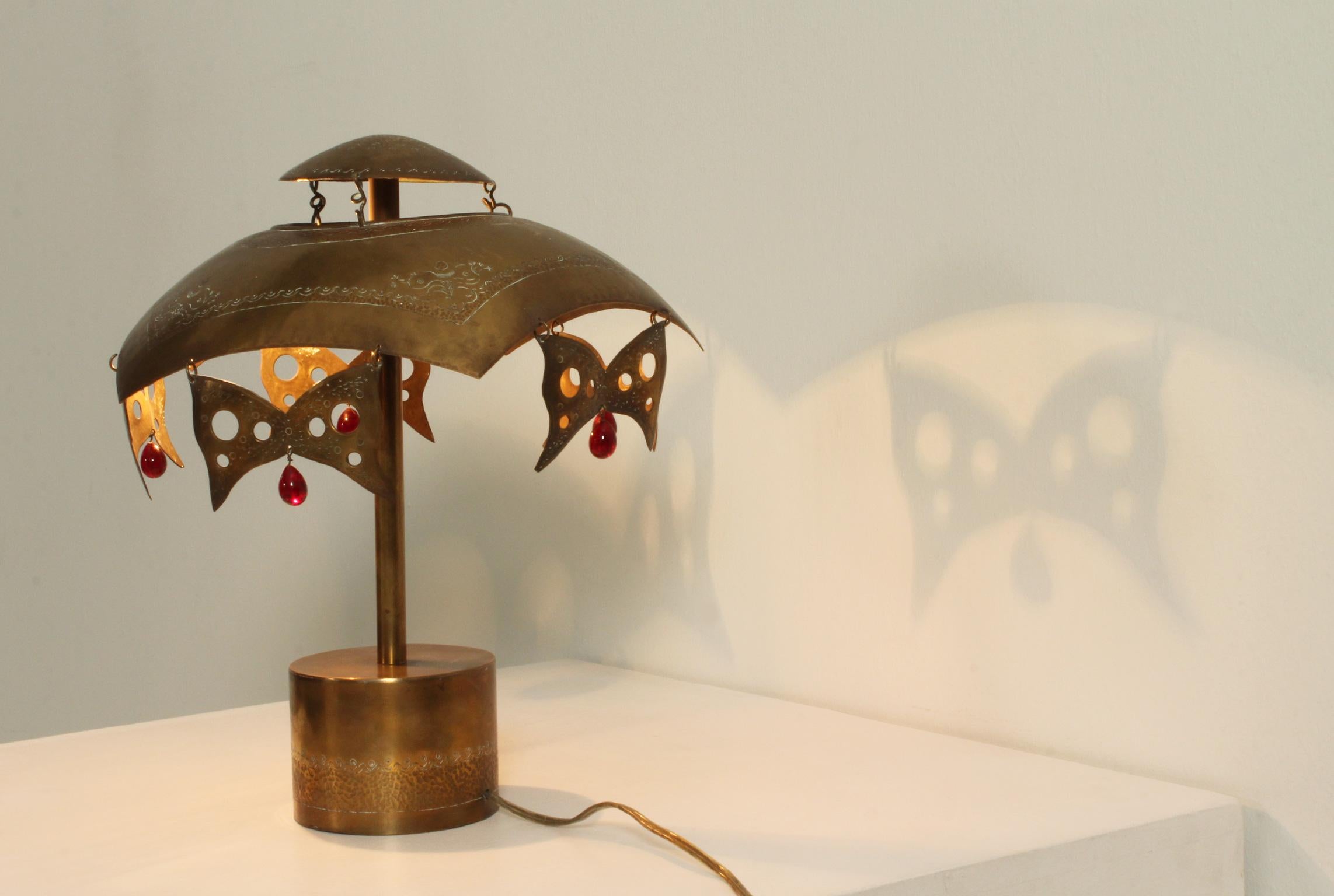 Mid-Century Modern Turkish Brass Table Lamp with Masks from 1950's For Sale