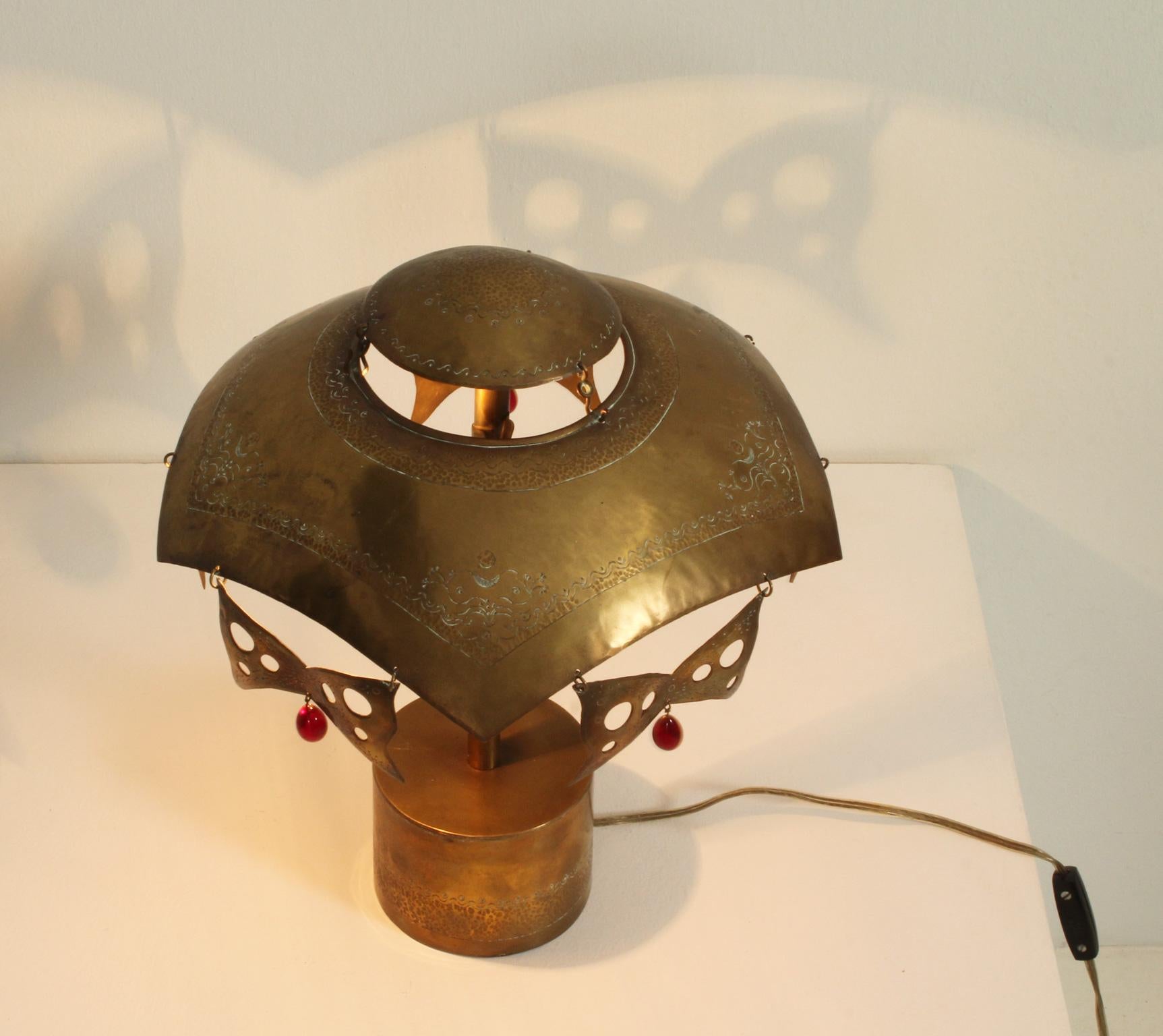 Mid-20th Century Turkish Brass Table Lamp with Masks from 1950's For Sale