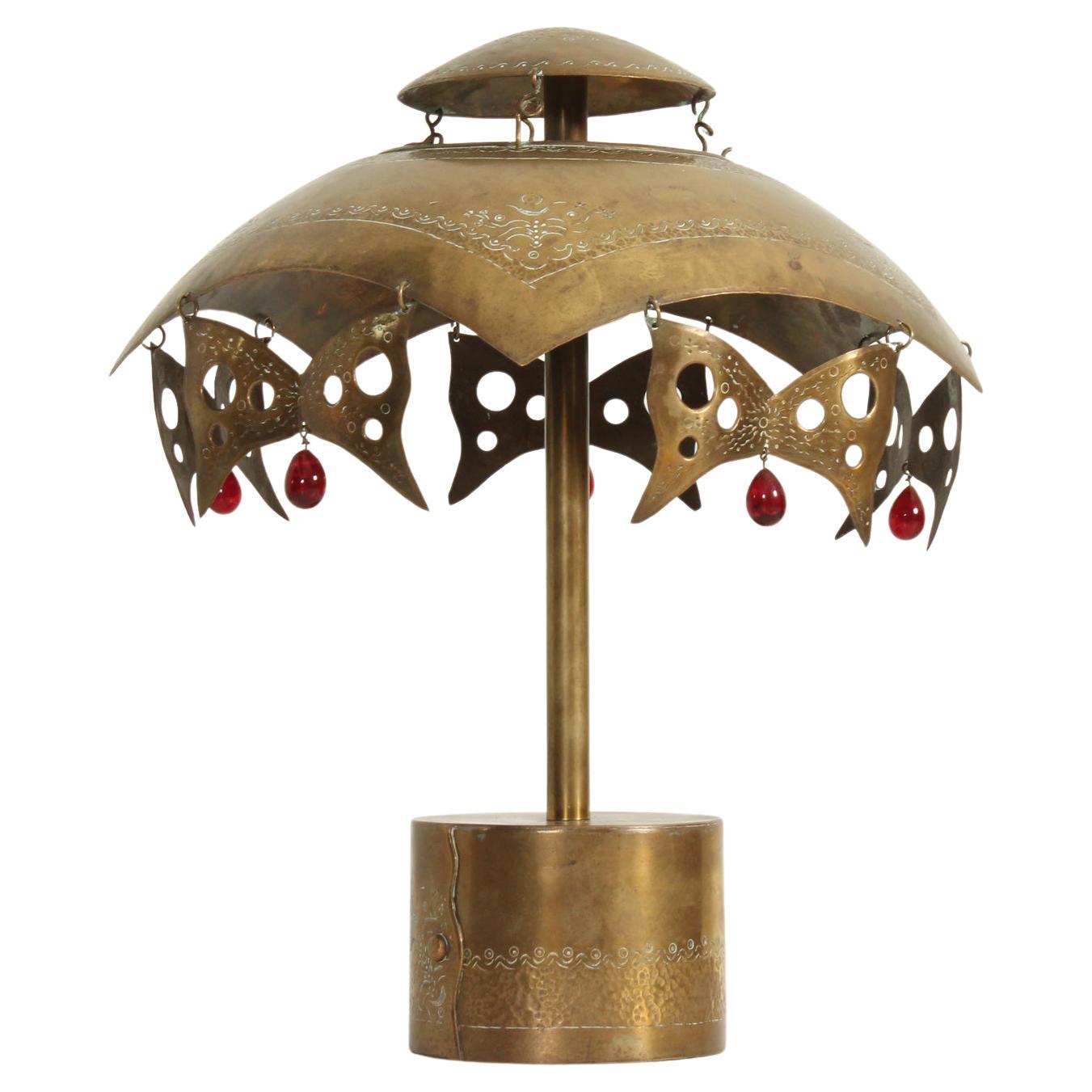 Turkish Brass Table Lamp with Masks from 1950's For Sale