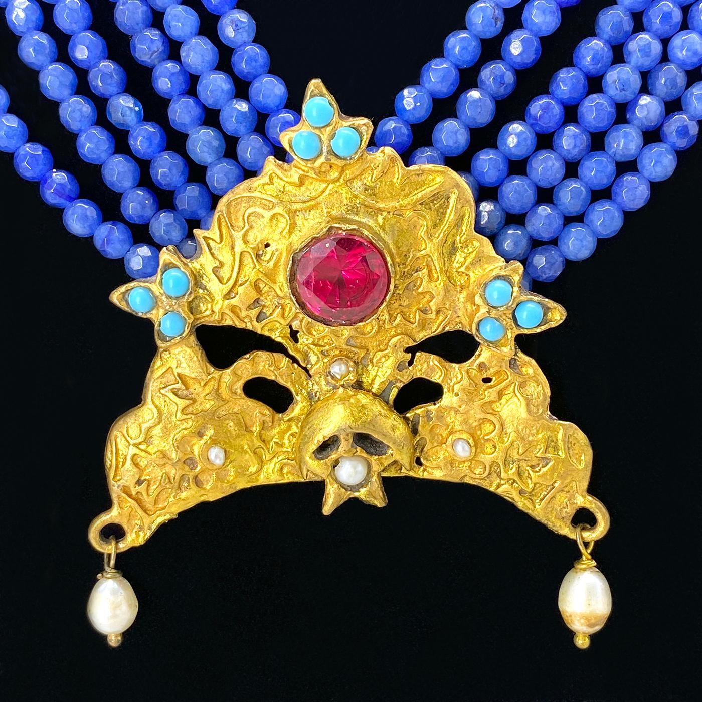 Egyptian Revival Turkish Chrysophrase Six Strand Necklace with Ruby Pendant For Sale