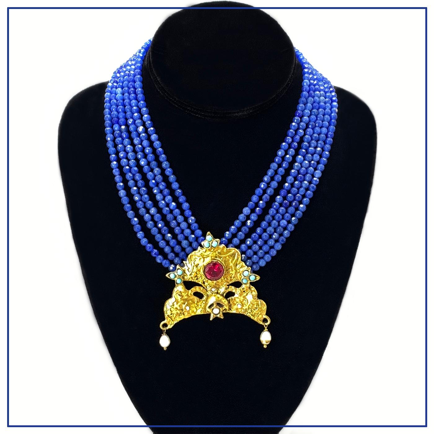 Round Cut Turkish Chrysophrase Six Strand Necklace with Ruby Pendant For Sale