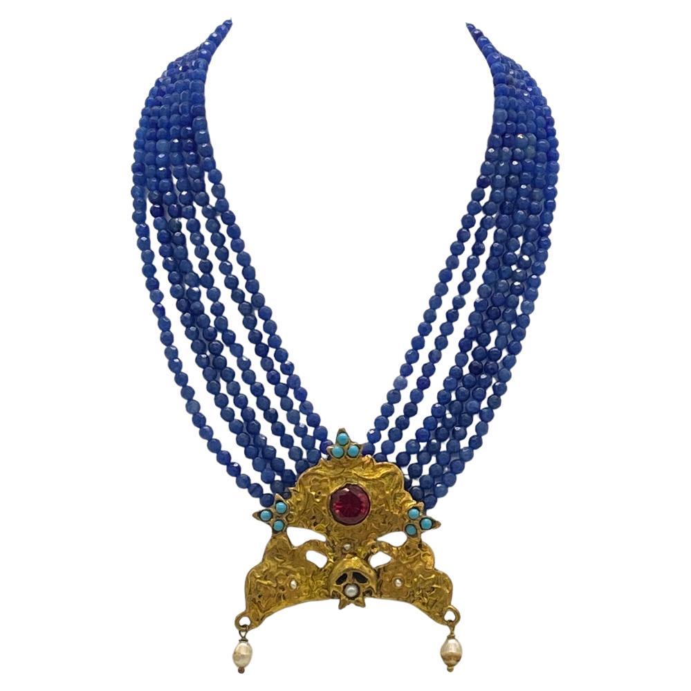 Women's Turkish Chrysophrase Six Strand Necklace with Ruby Pendant For Sale