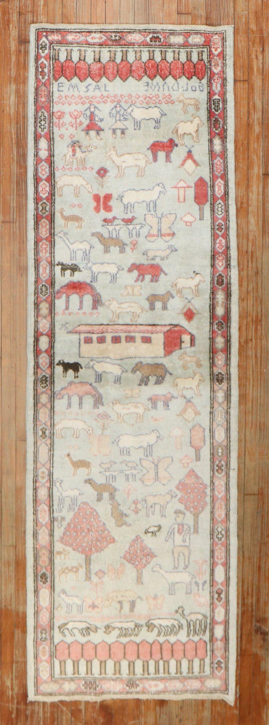 One-of-a-kind Turkish deco runner with a flurry of animals on a mint green field.

Measures: 2.10