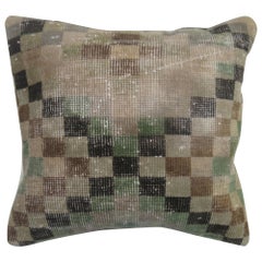 Vintage Turkish Deco Rug Pillow with Checkerboard Motif