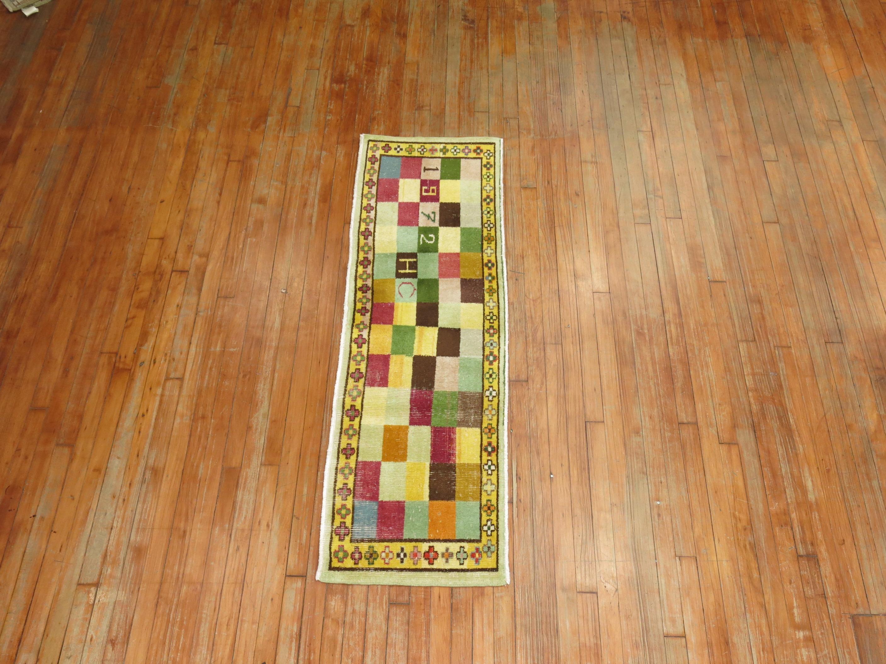 A hip looking small narrow Turkish deco runner with multiple array of colors.
Measures: 1'9