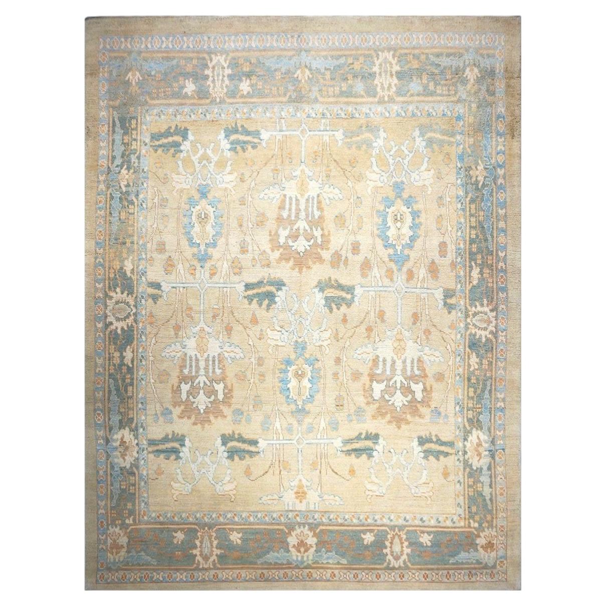 Turkish Donegal Wool 11X15 Tan and Blue Handmade Area Rug
