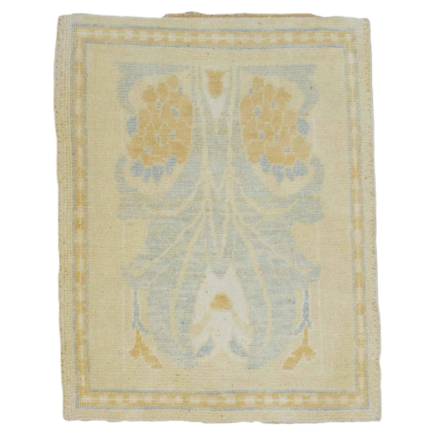 Turkish Donegal Wool & Hemp 3x4 Tan & Light Blue Handmade Throw Rug For Sale