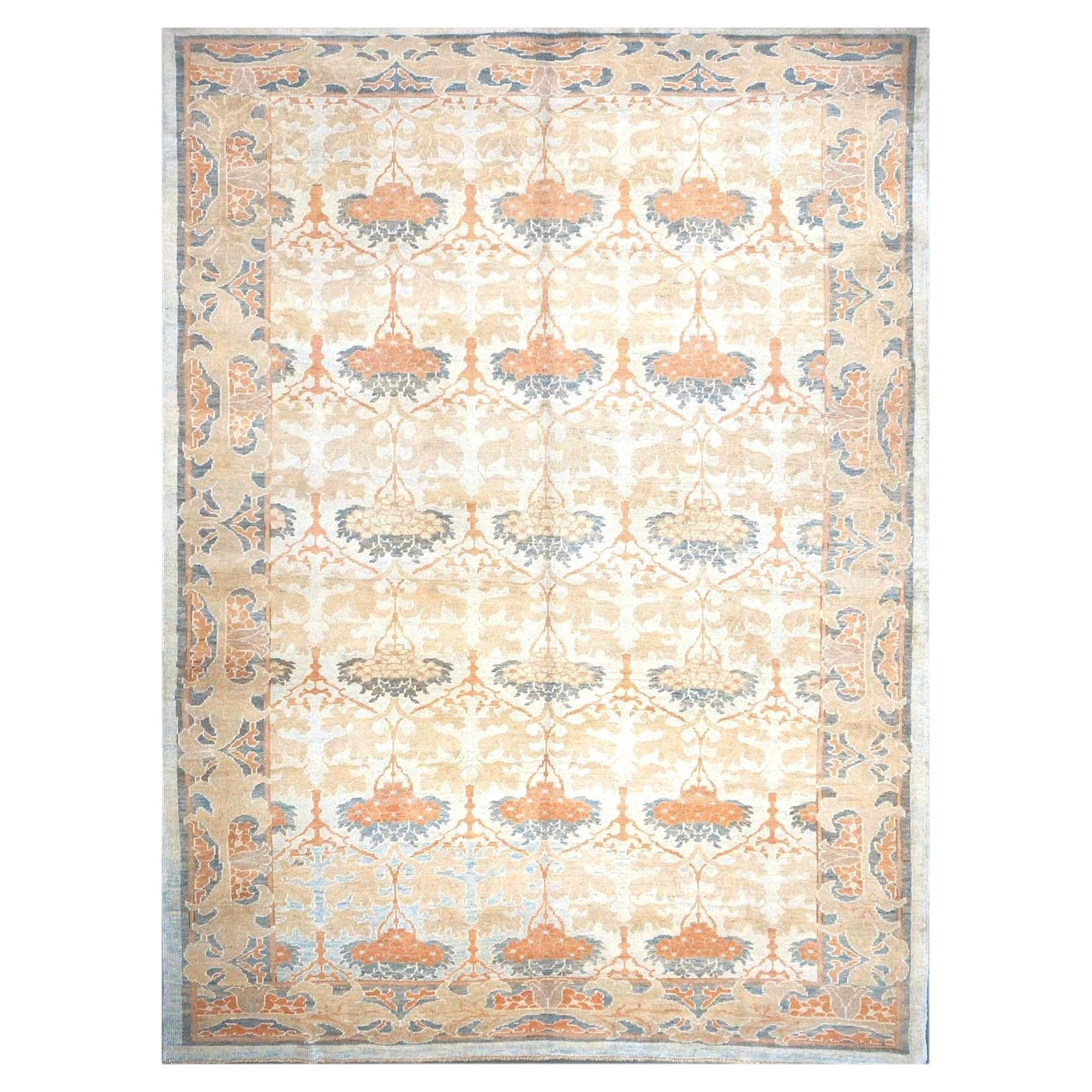Turkish Donegal Wool & Hemp 9X13 Ivory, Light Blue & Orange Handmade Area Rug