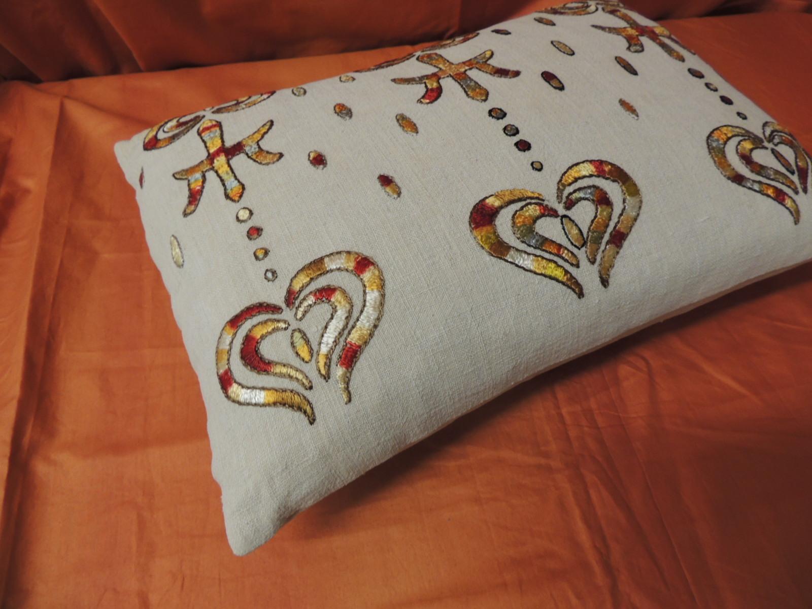Moorish Yellow and Red Embroidered Linen and Silk Petite Decorative Pillow