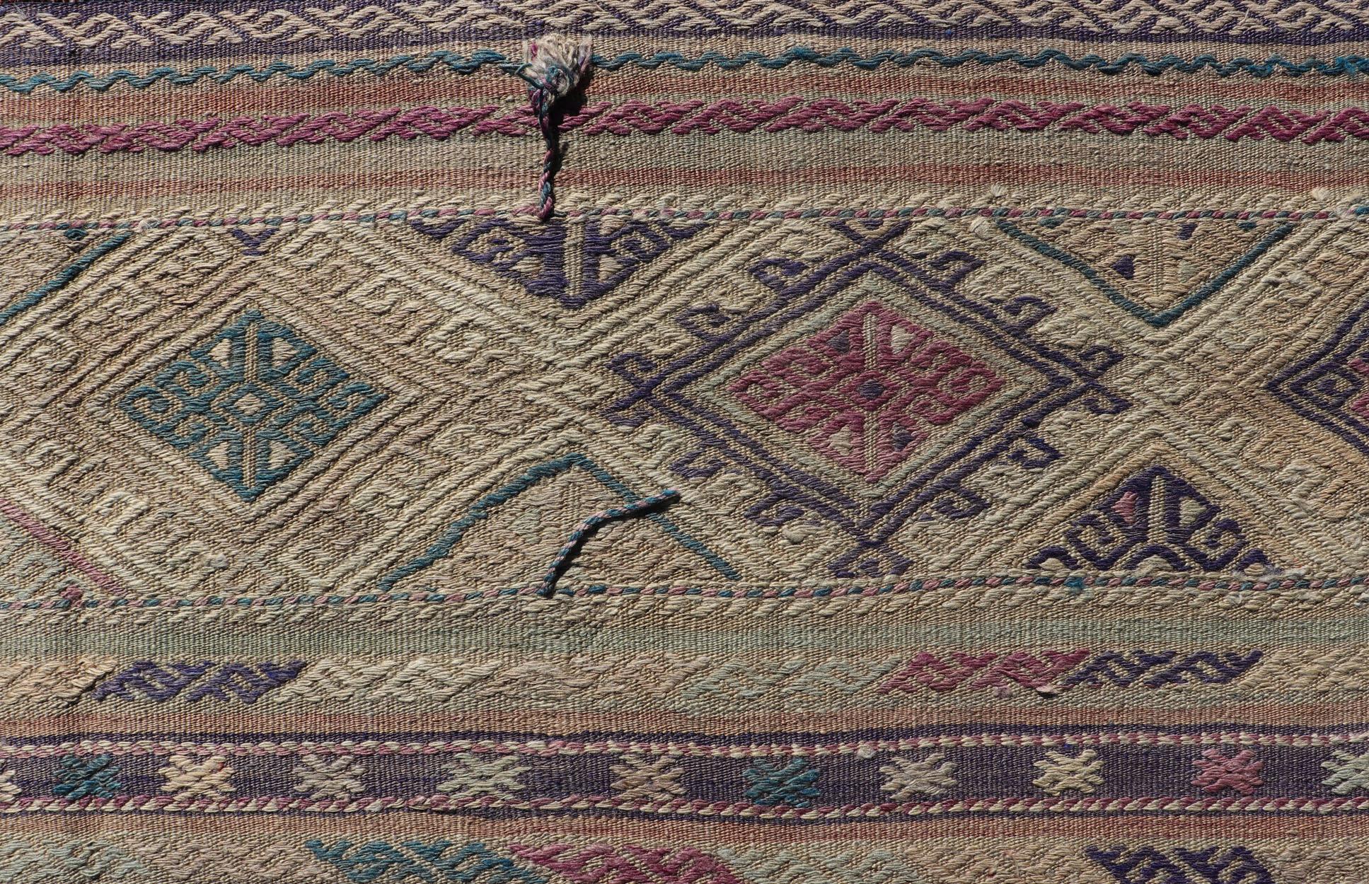 20th Century Turkish Embroideries Flat-Weave Kilim with Geometric and Colorful Stripes For Sale
