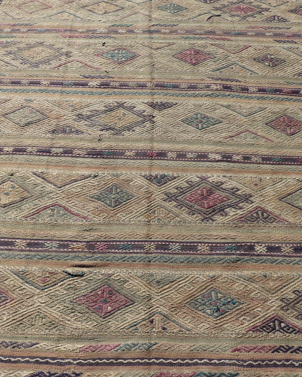 Turkish Embroideries Flat-Weave Kilim with Geometric and Colorful Stripes For Sale 1