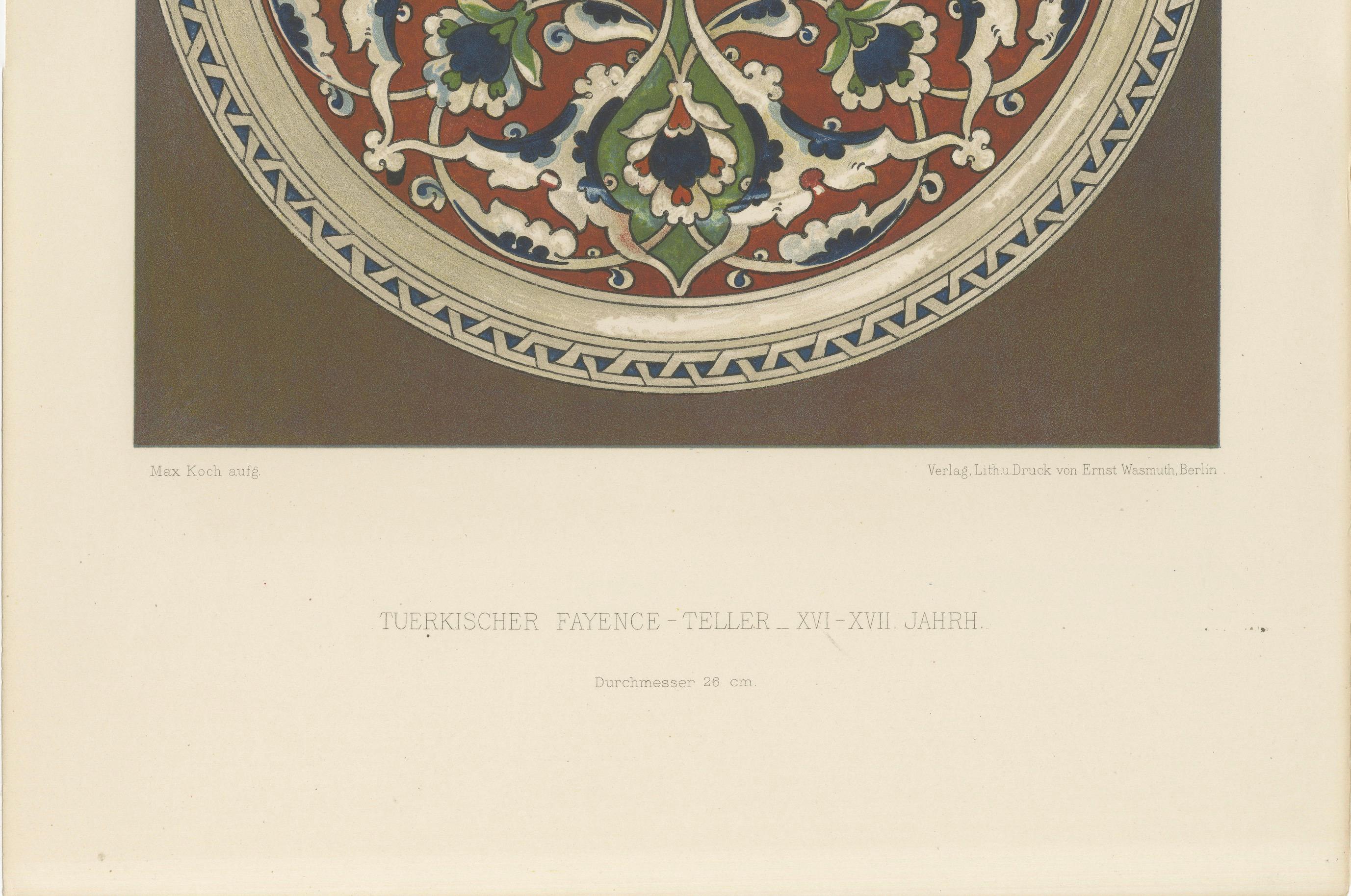 Türkischer Fayence-Teller mit stilisiertem Blumenmedaillon - Julius Lessing, Berlin 1890

Eine wunderschön detaillierte Chromolithographie aus Julius Lessings Persisch-Türkische Fayencen, die 1890 von Ernst Wasmuth in Berlin als Teil der