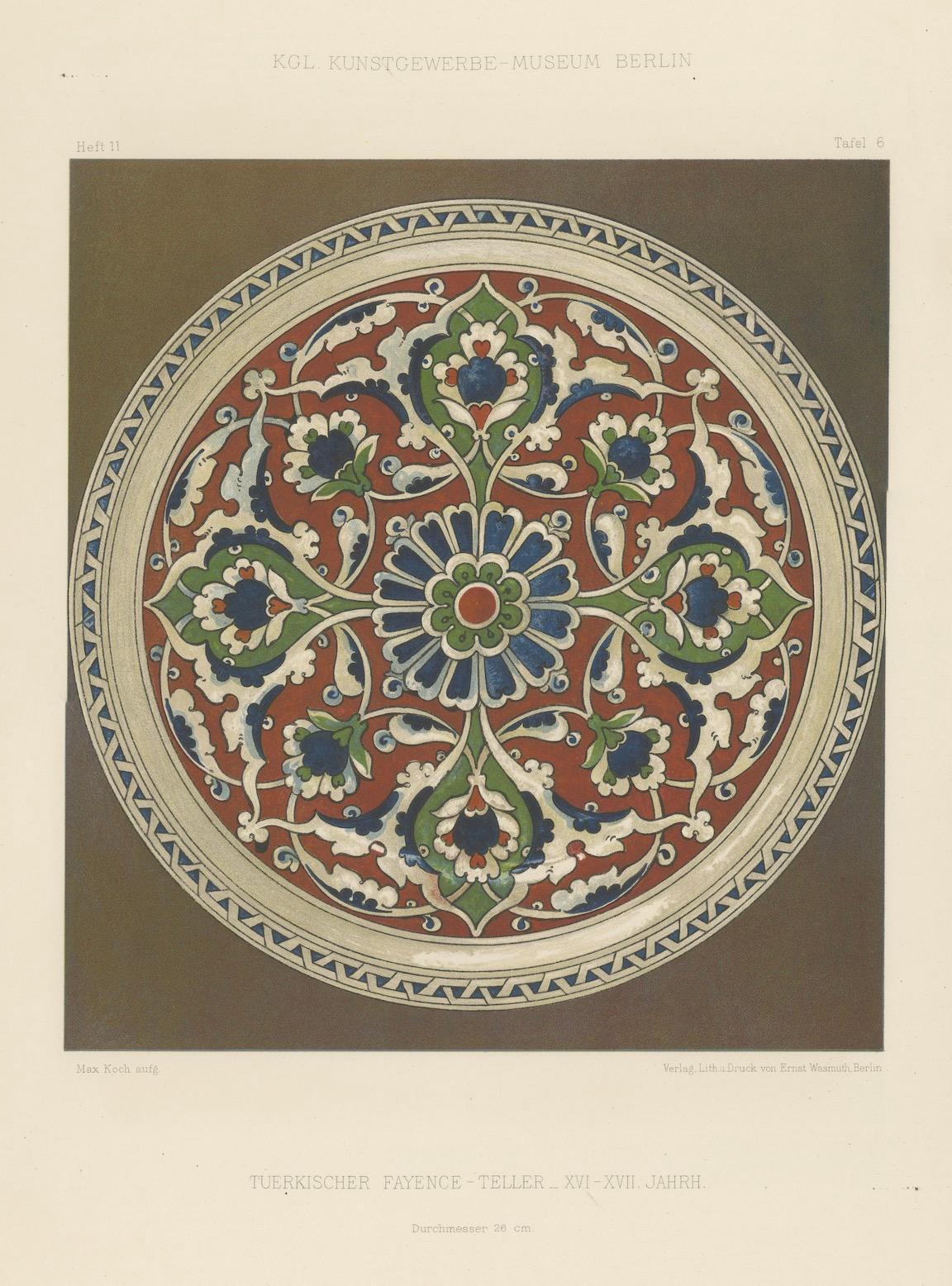 Türkischer Fayence-Teller mit stilisiertem Blumenmedaillon - J. Lessing, Berlin 1890 (Papier) im Angebot