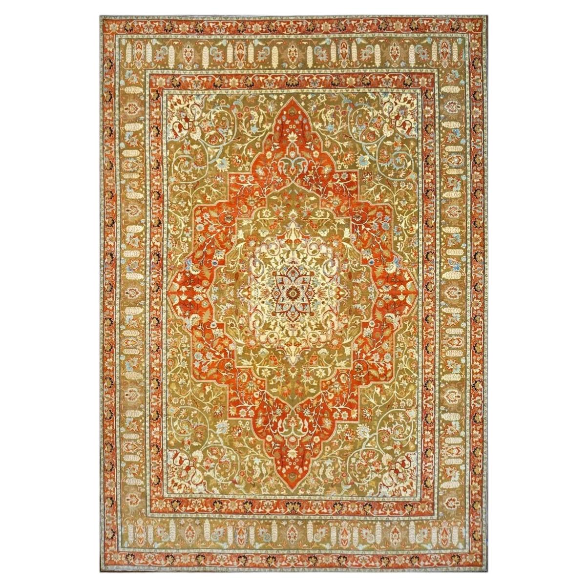 Turkish Farahan Wool 10X14 Ivory, Olive & Orange Handmade Area Rug For Sale