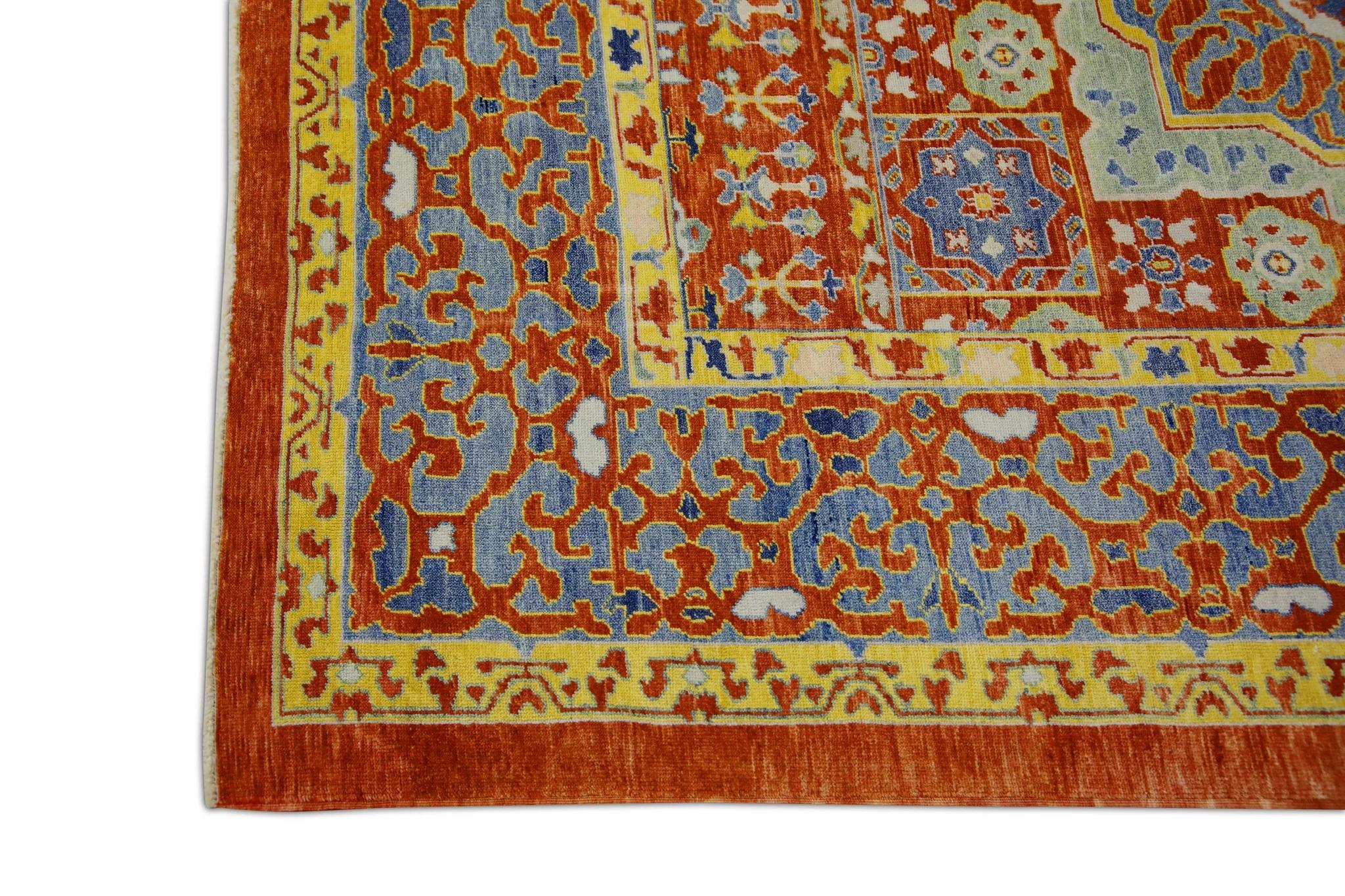 Vegetable Dyed Floral Turkish Finewoven Wool Oushak Rug in Red, Blue, and Yellow 8'3