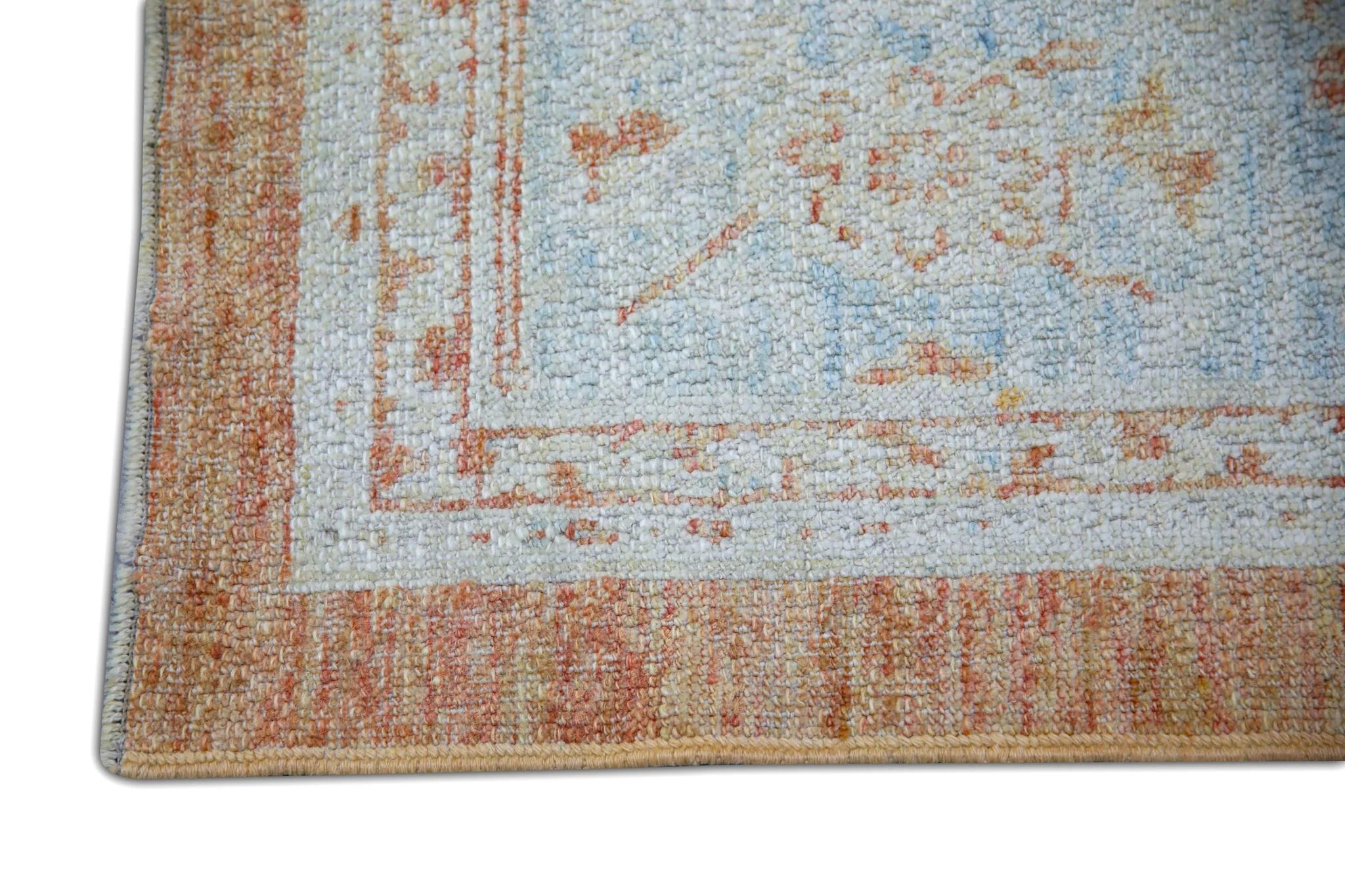 Vegetable Dyed Floral Turkish Finewoven Wool Oushak Rug in Baby Blue and Salmon 7'9