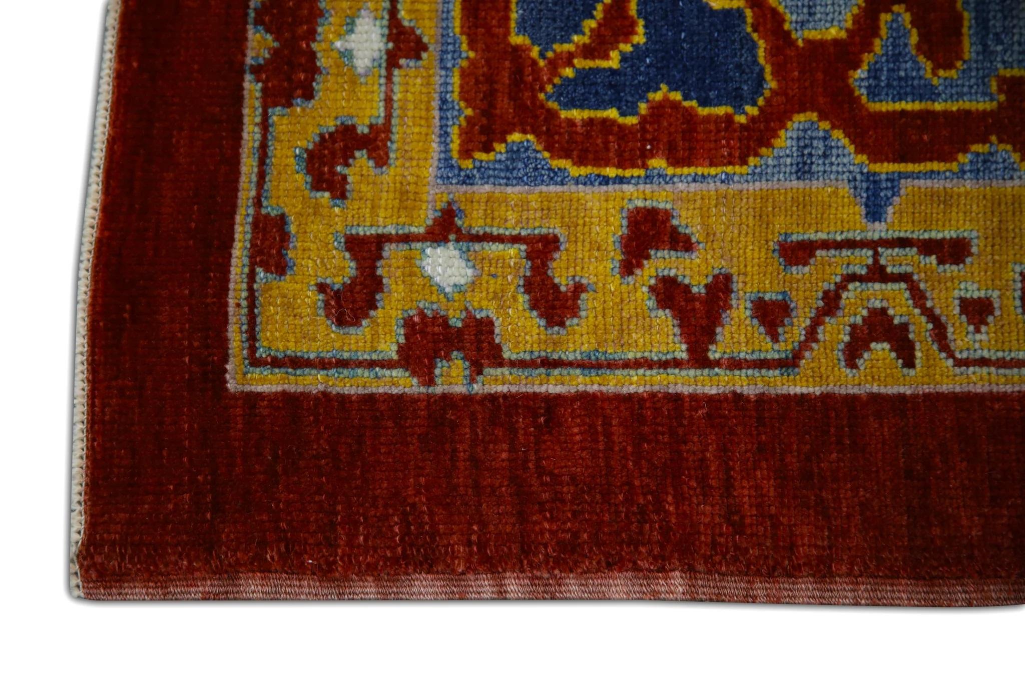 Vegetable Dyed Red and Blue Floral Pattern Turkish Finewoven Wool Oushak Rug 8'2