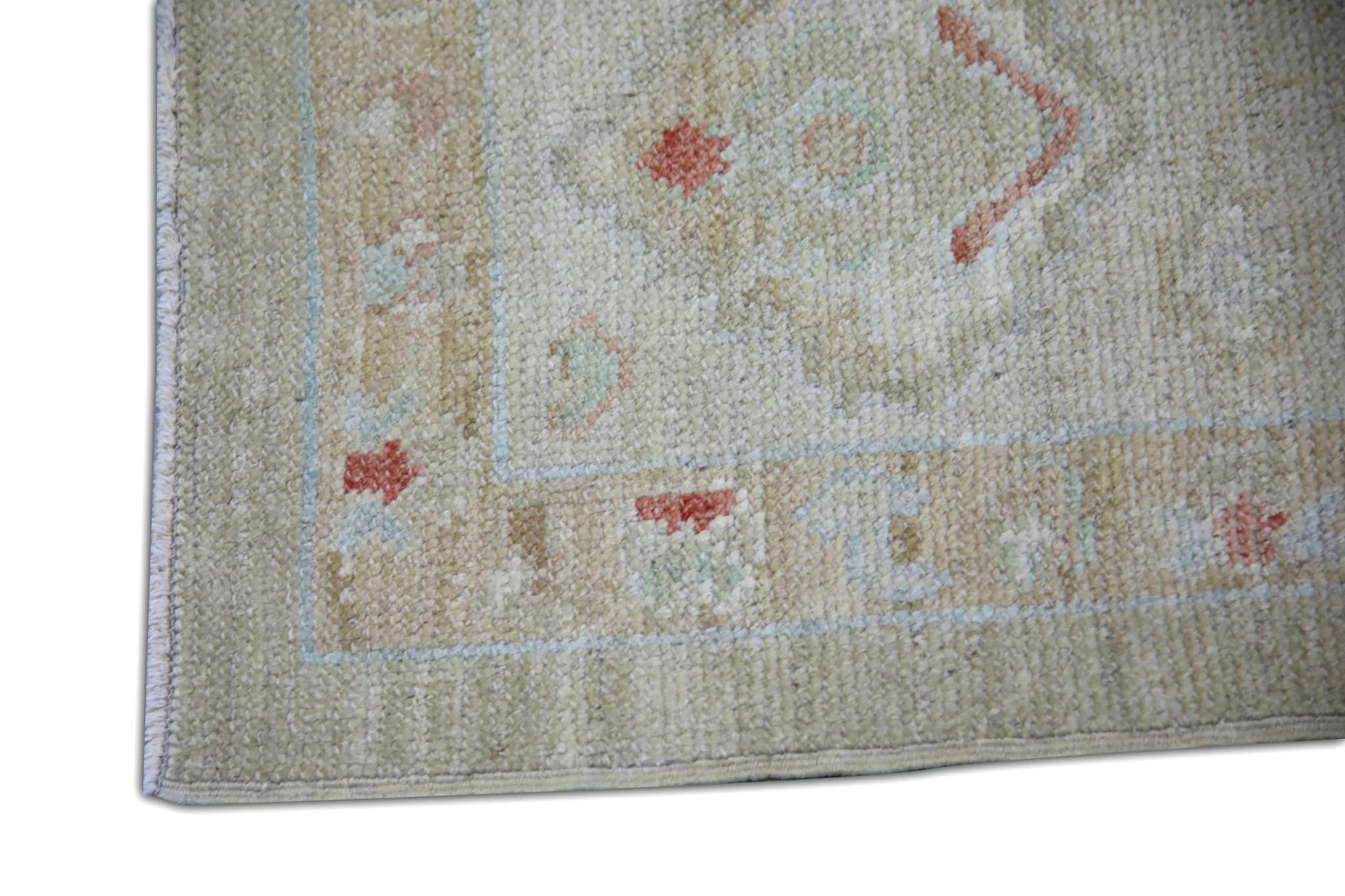 Vegetable Dyed Green and Red Handwoven Wool Turkish Oushak Rug in Floral Pattern 7'11