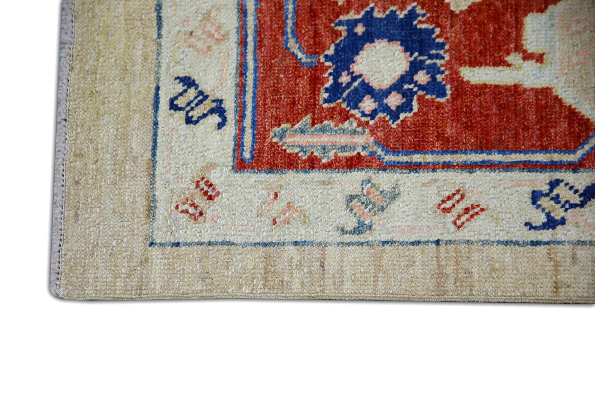 Vegetable Dyed Floral Turkish Finewoven Wool Oushak Rug in Bright Red and Blue 7'10