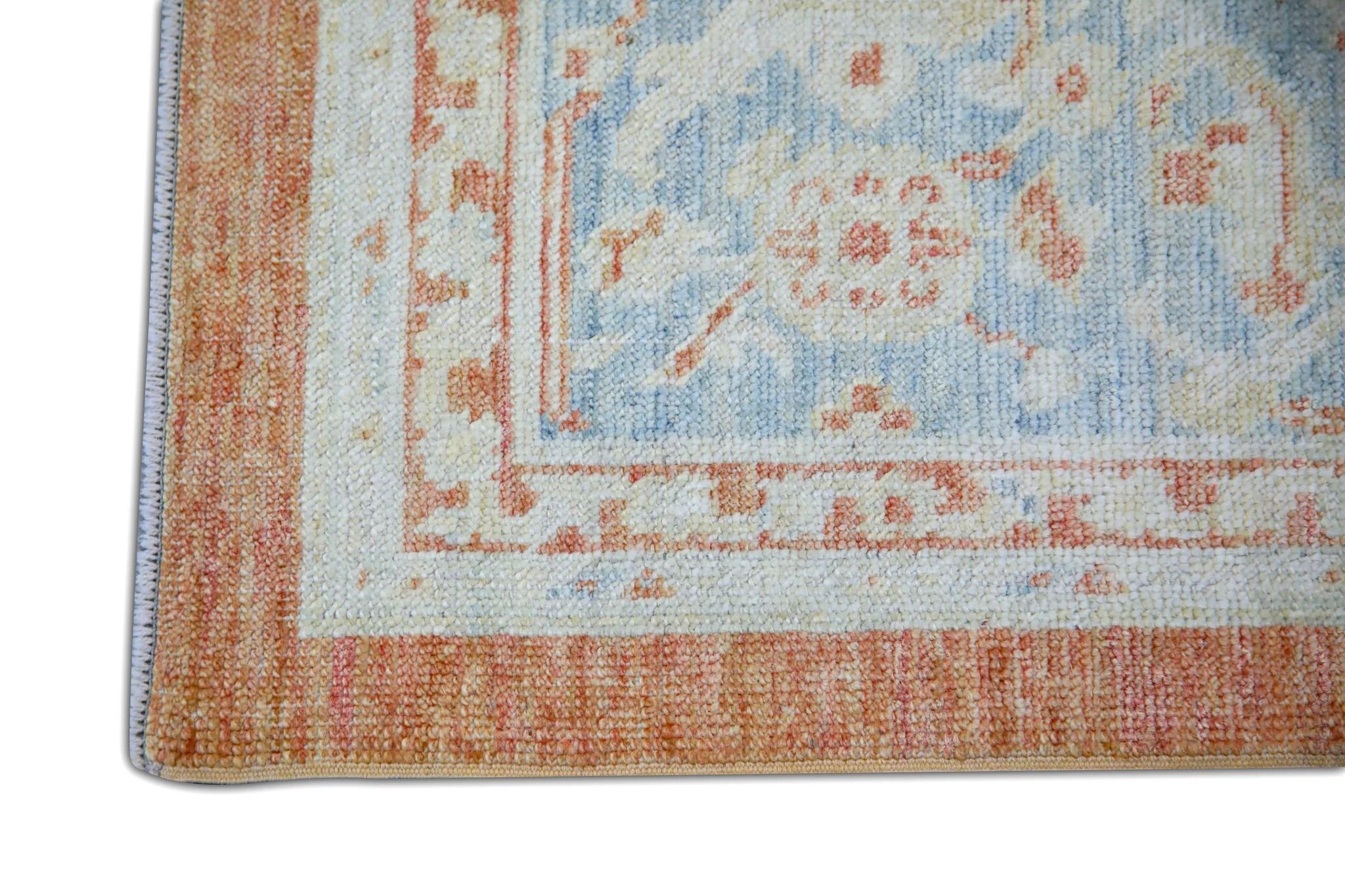 Vegetable Dyed Floral Turkish Finewoven Wool Oushak Rug in Salmon Pink and Baby Blue 6'2