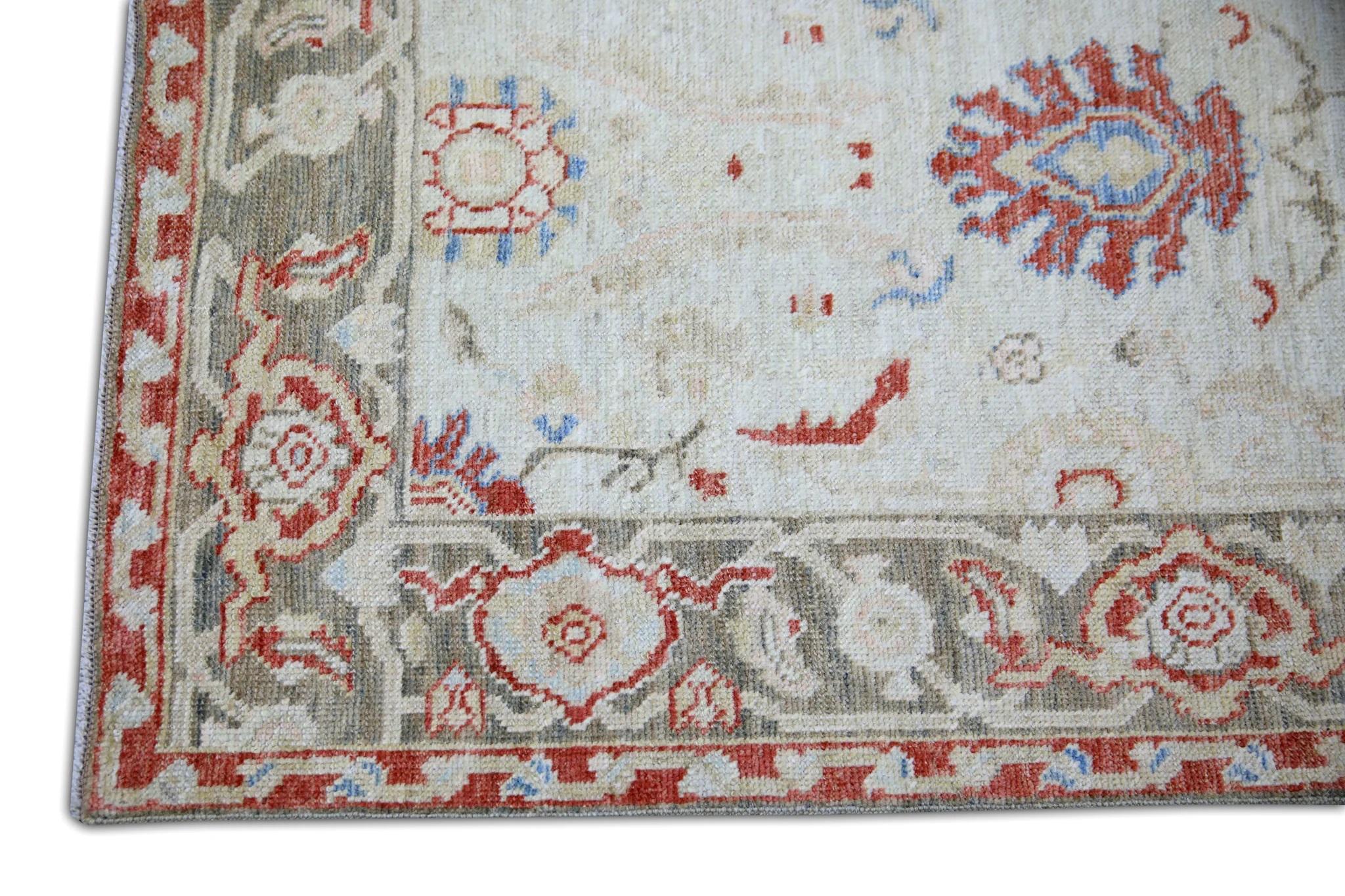 Vegetable Dyed Floral Turkish Finewoven Wool Oushak Rug in Red, Cream, and Green 2'8