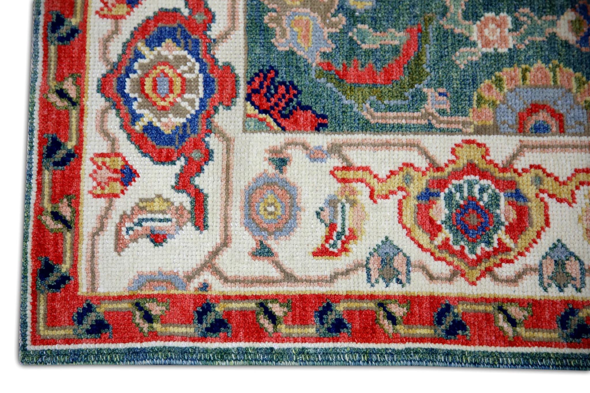 Vegetable Dyed Floral Turkish Finewoven Wool Oushak Rug in Red, Green, and Blue 2'9