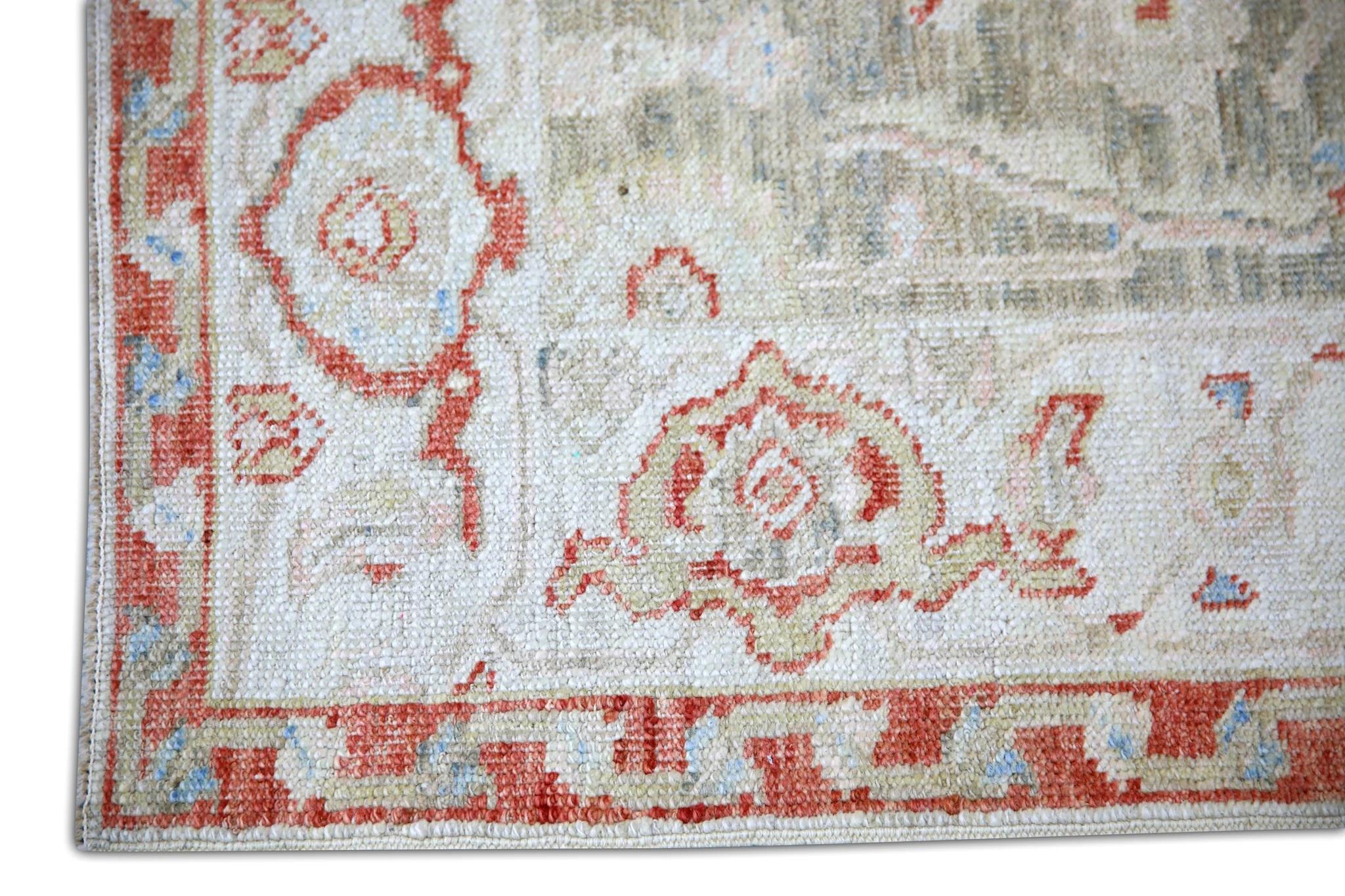 Vegetable Dyed Red and Green Floral Turkish Finewoven Wool Oushak Rug 2'8