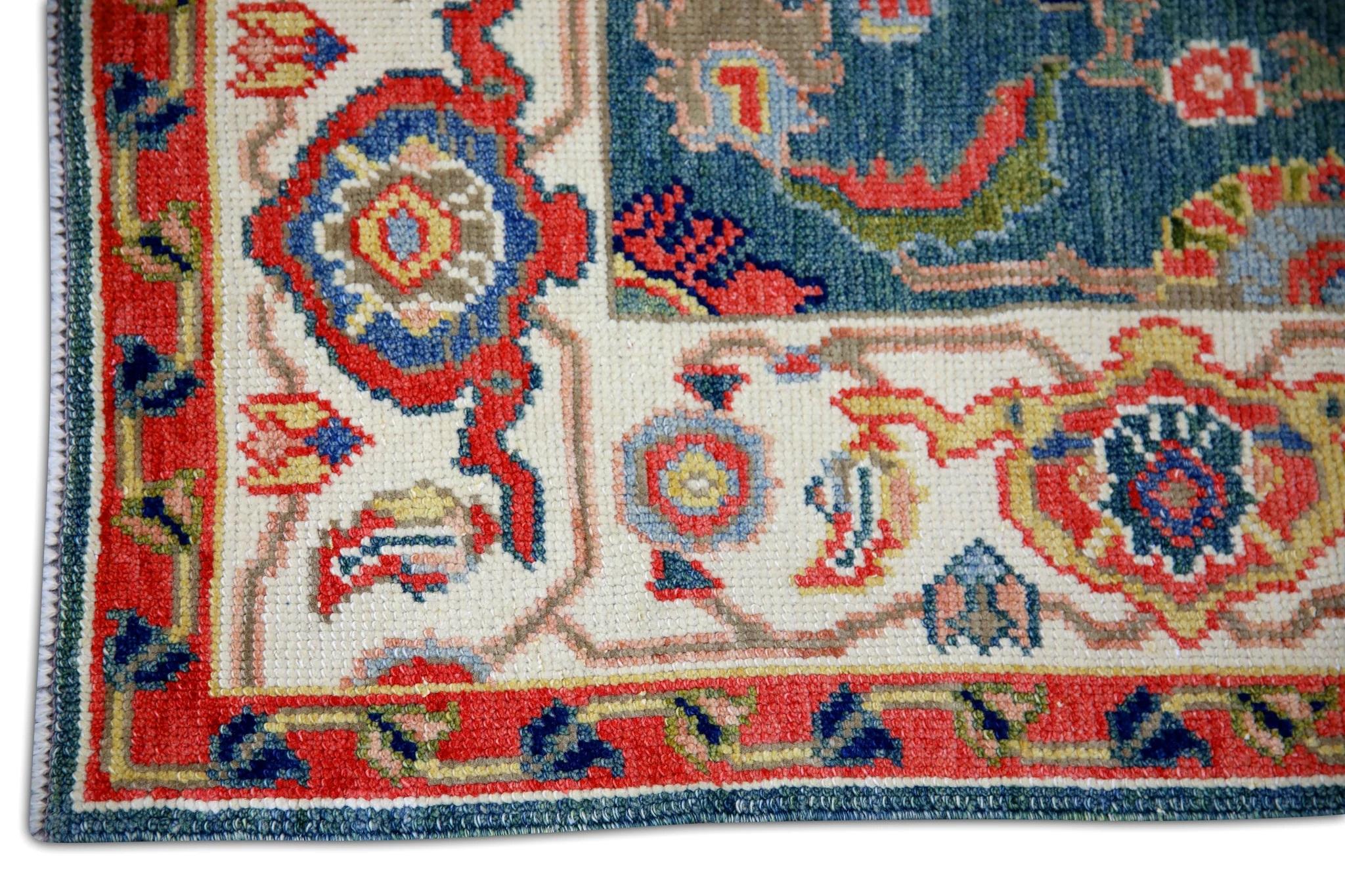 Vegetable Dyed Cream, Green, and Red Floral Turkish Finewoven Wool Oushak Rug 2'7