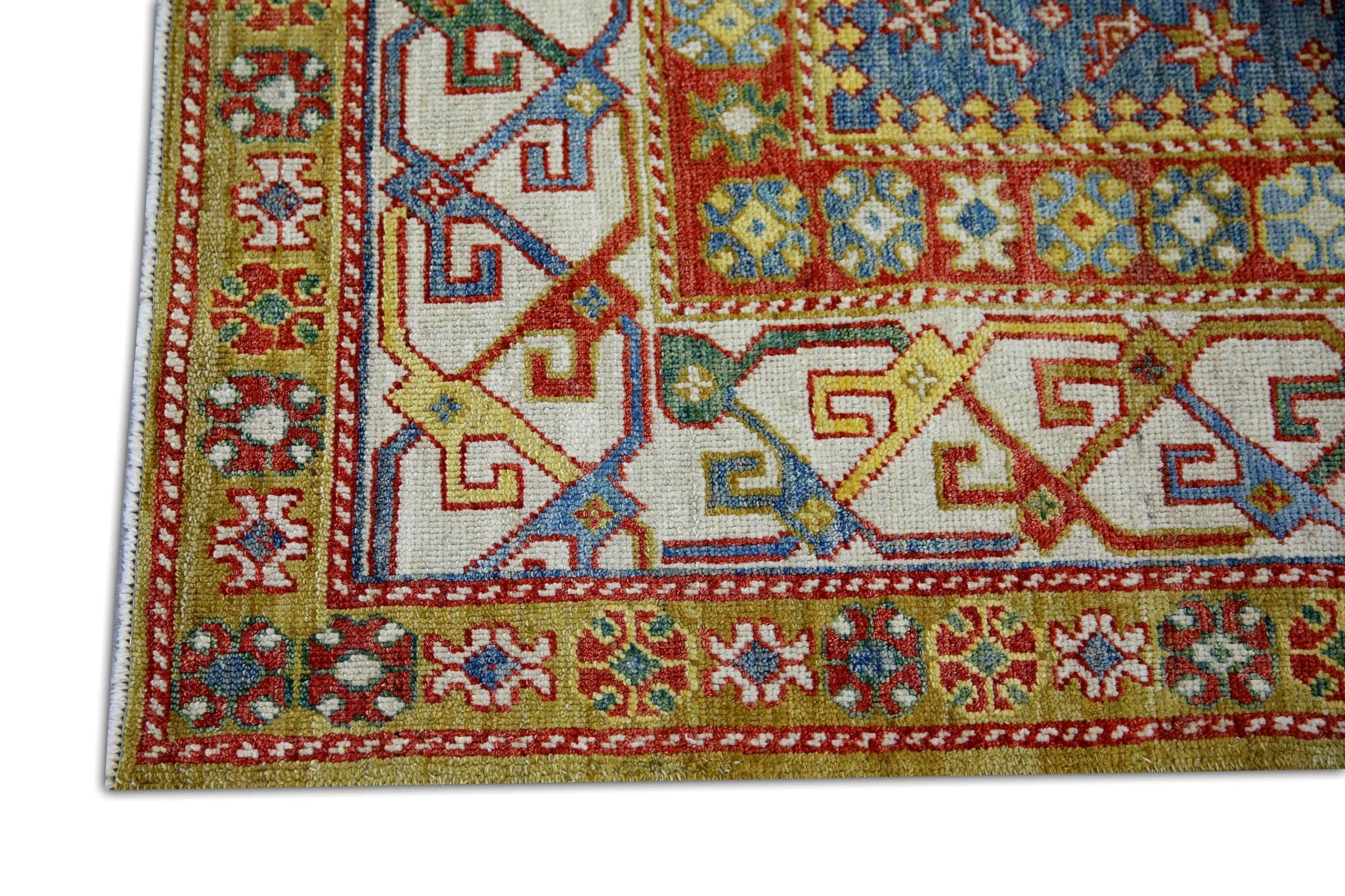 Vegetable Dyed Blue Floral Design Handwoven Wool Turkish Finewoven Oushak Rug 4'10