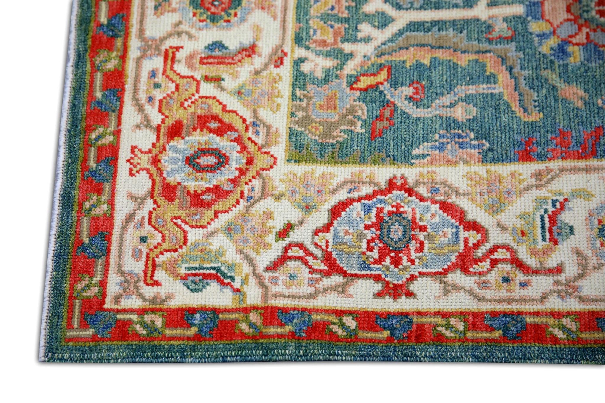 Vegetable Dyed Green & Red Floral Design Handwoven Wool Turkish Finewoven Oushak Rug 4'3 x 6'7 For Sale