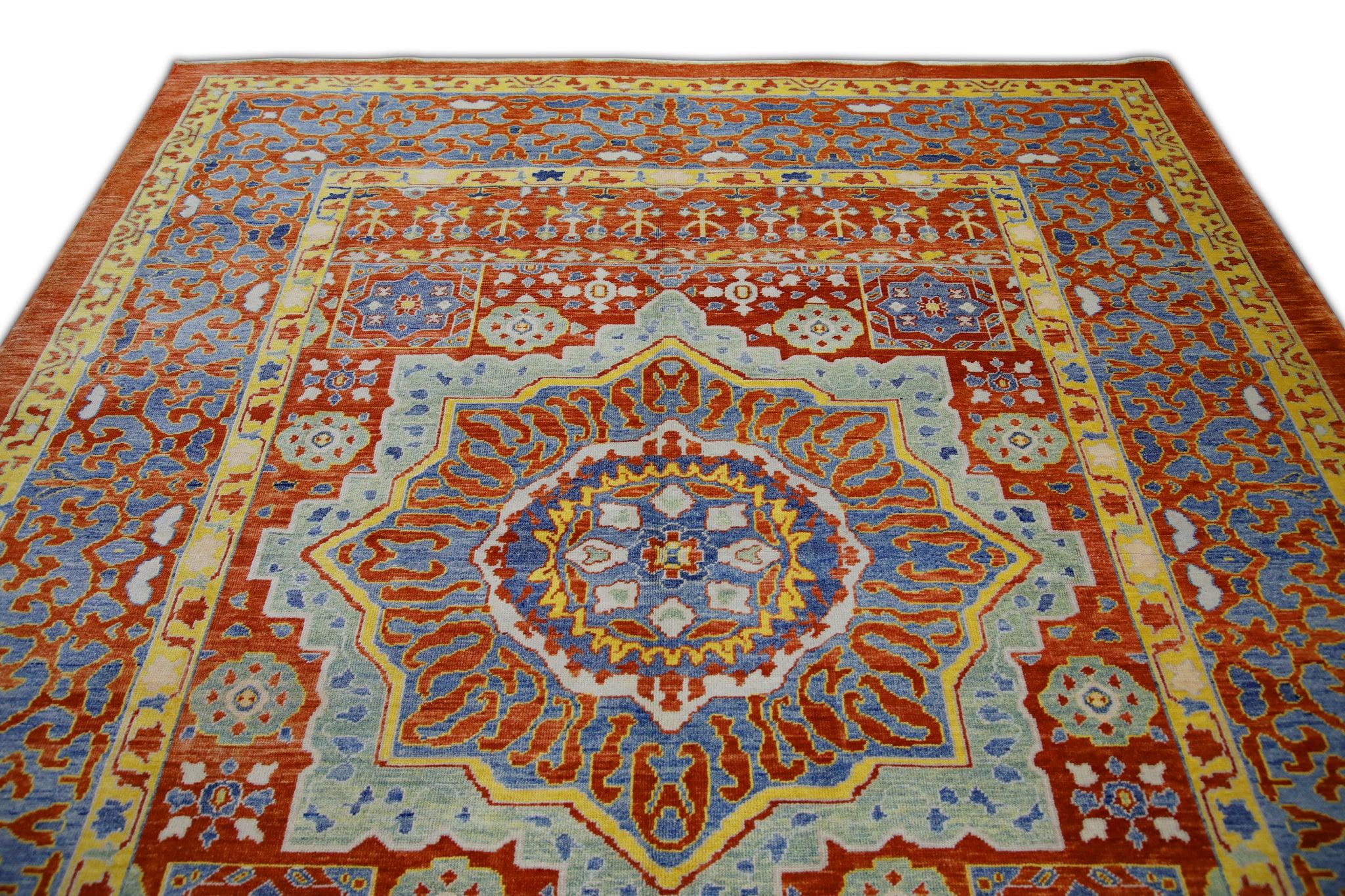 Floral Turkish Finewoven Wool Oushak Rug in Red, Blue, and Yellow 8'3