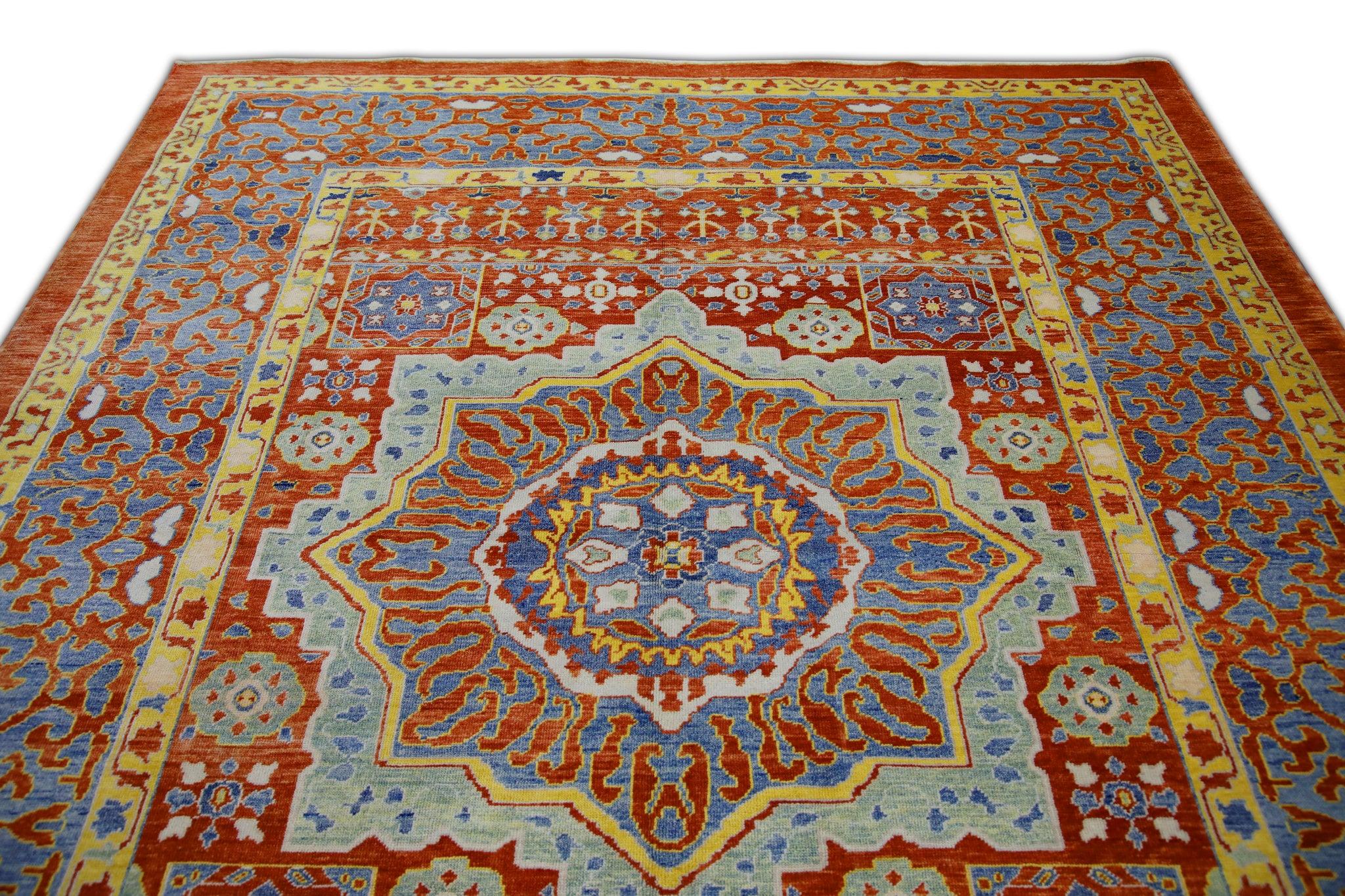 Floral Turkish Finewoven Wool Oushak Rug in Red, Blue, and Yellow 8'3