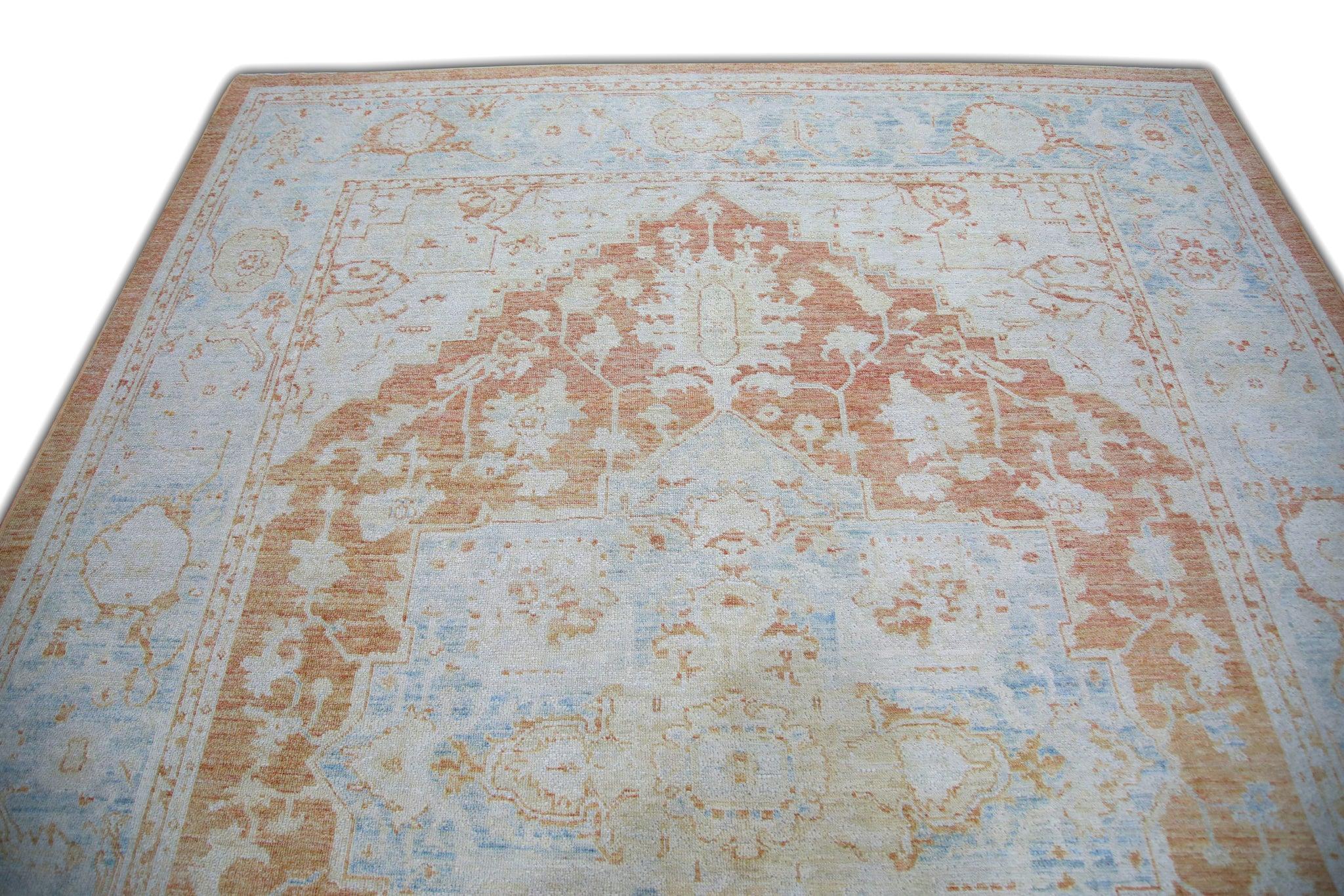 Floral Turkish Finewoven Wool Oushak Rug in Baby Blue and Salmon 7'9