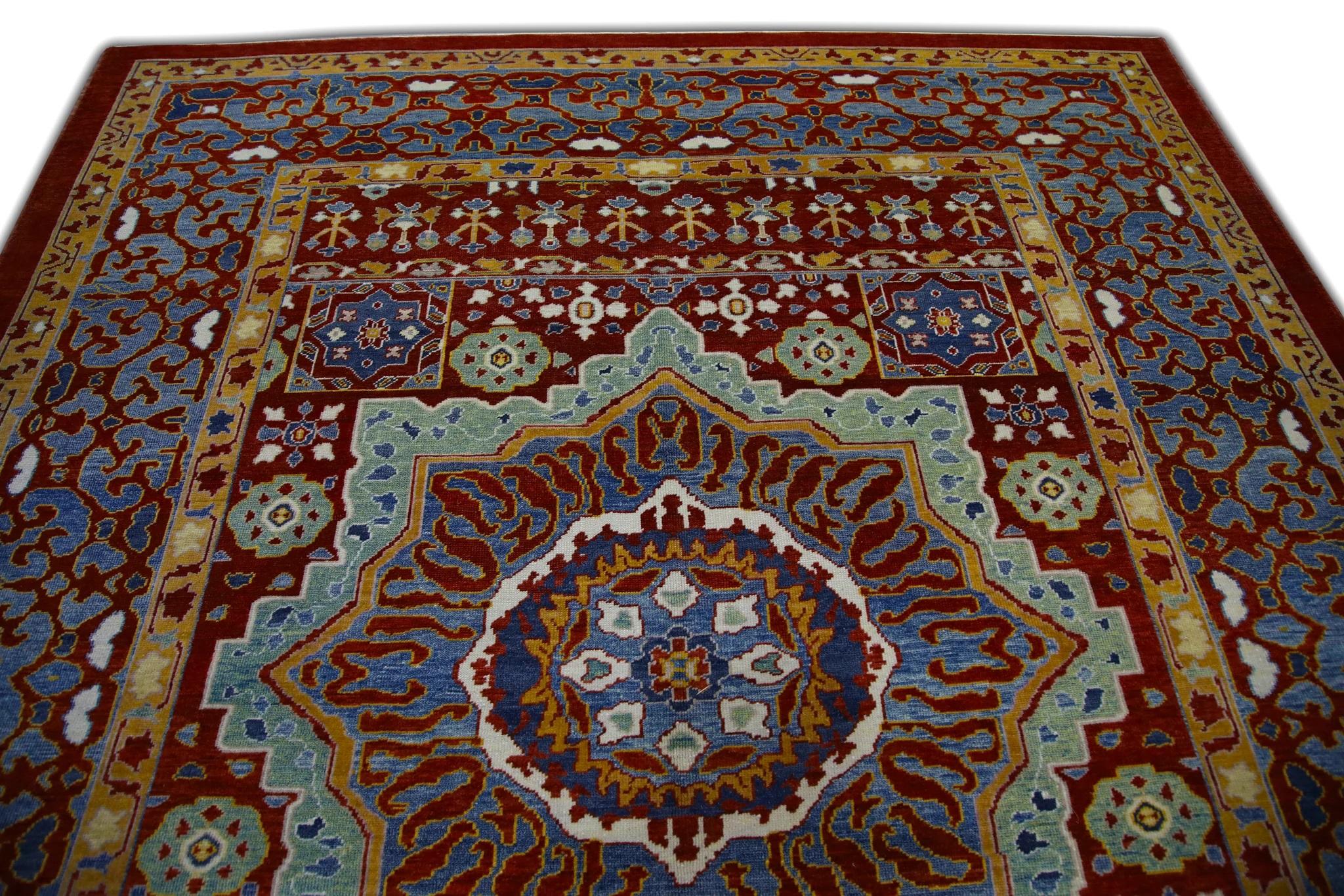 Red and Blue Floral Pattern Turkish Finewoven Wool Oushak Rug 8'2