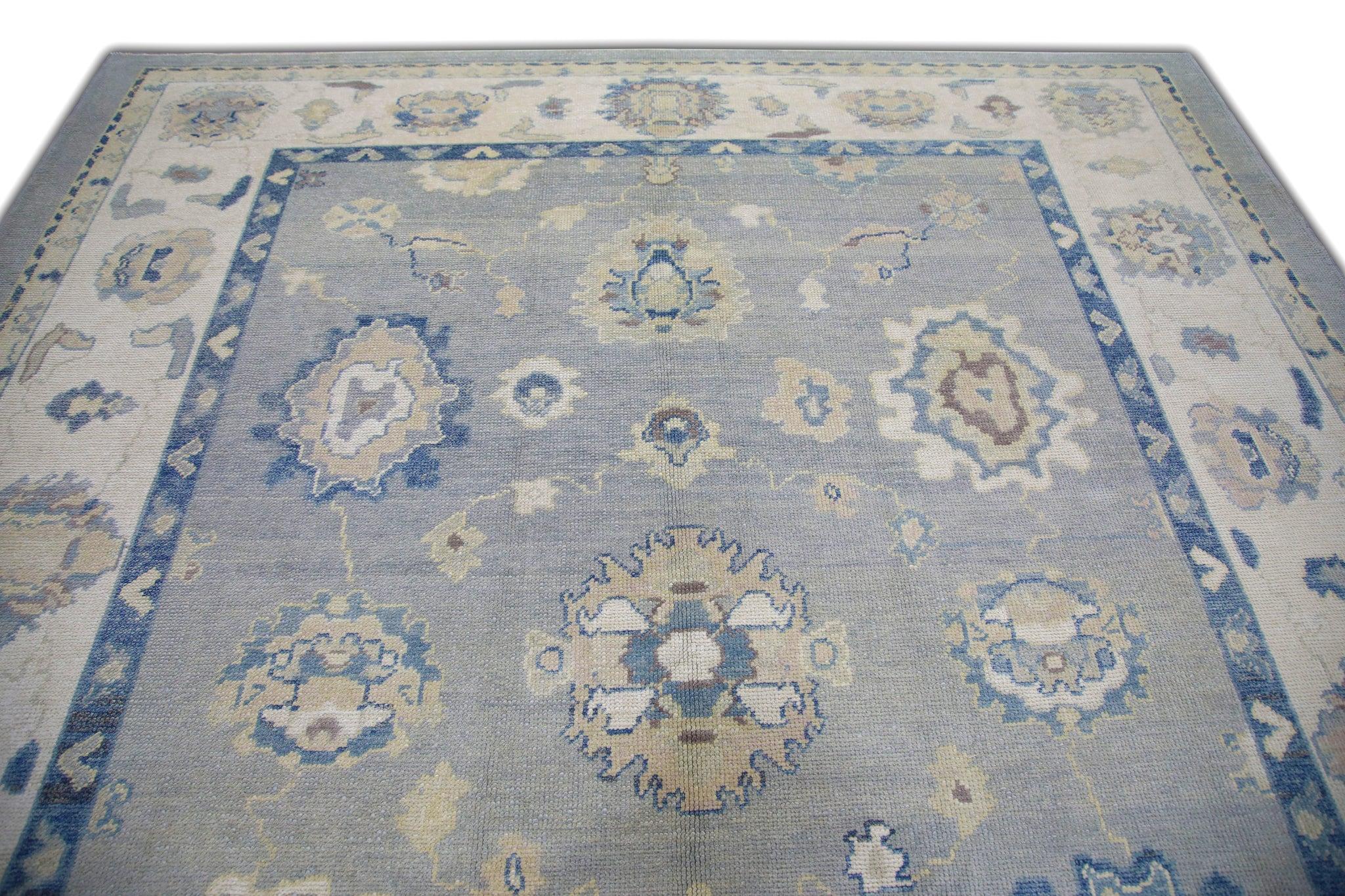 Handwoven Wool Floral Turkish Oushak Rug in Shades of Blue 9' x 10'6