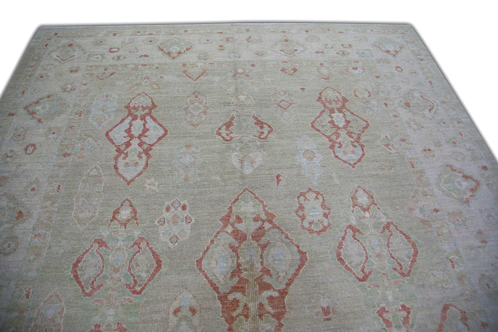 Green and Red Handwoven Wool Turkish Oushak Rug in Floral Pattern 7'11