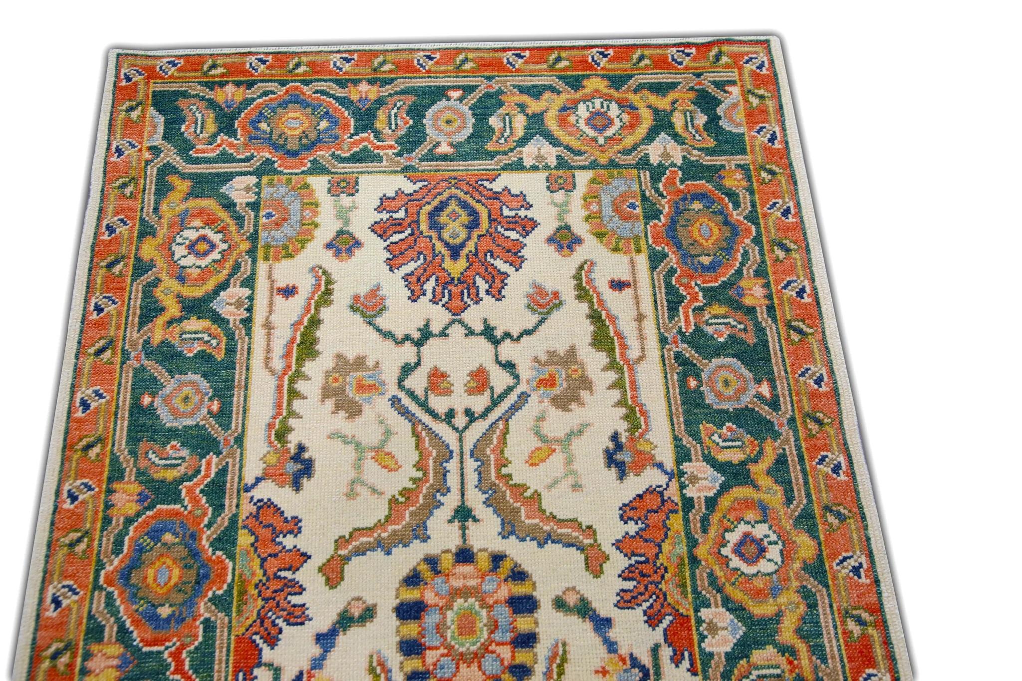Floral Turkish Finewoven Wool Oushak Rug in Cream, Green, and Red 2'9