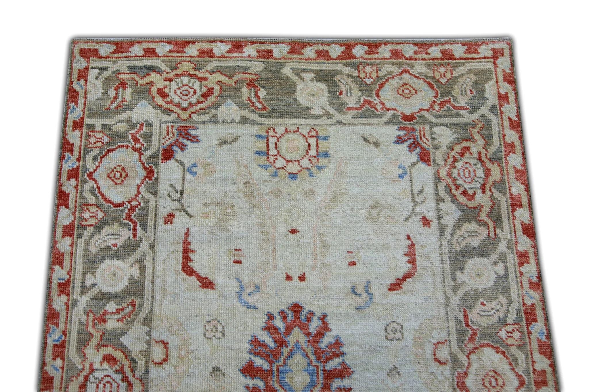 Floral Turkish Finewoven Wool Oushak Rug in Red, Cream, and Green 2'8