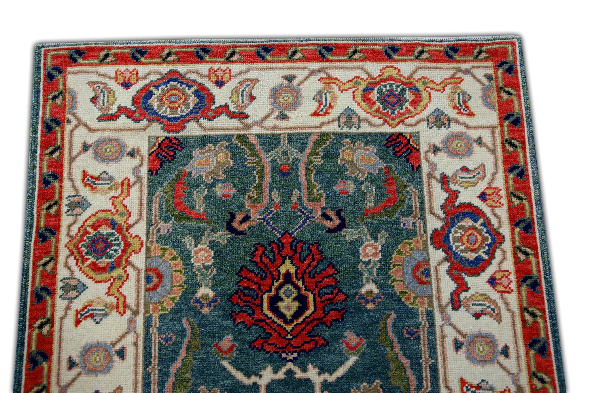 Floral Turkish Finewoven Wool Oushak Rug in Red, Green, and Blue 2'9