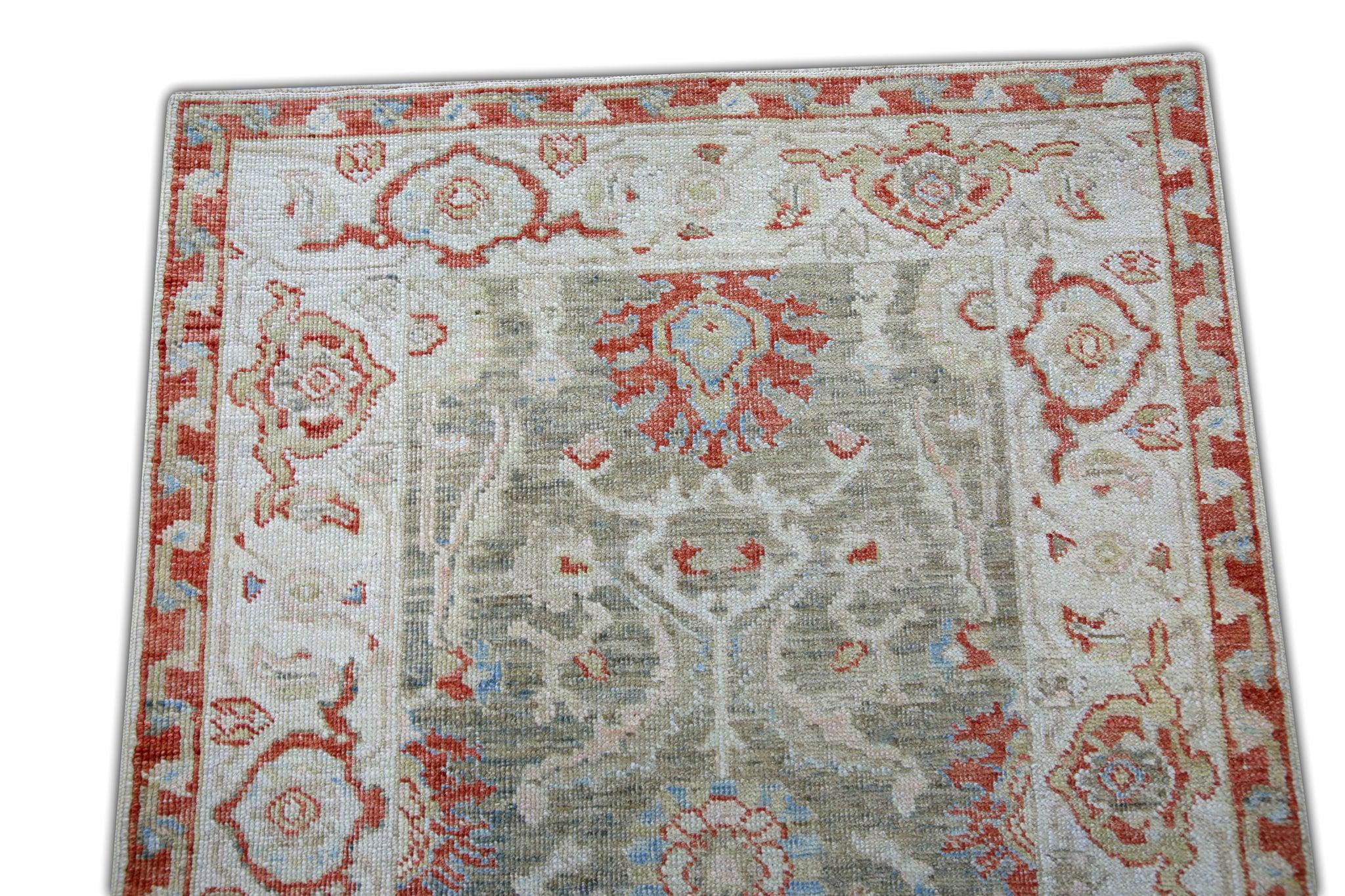 Red and Green Floral Turkish Finewoven Wool Oushak Rug 2'8