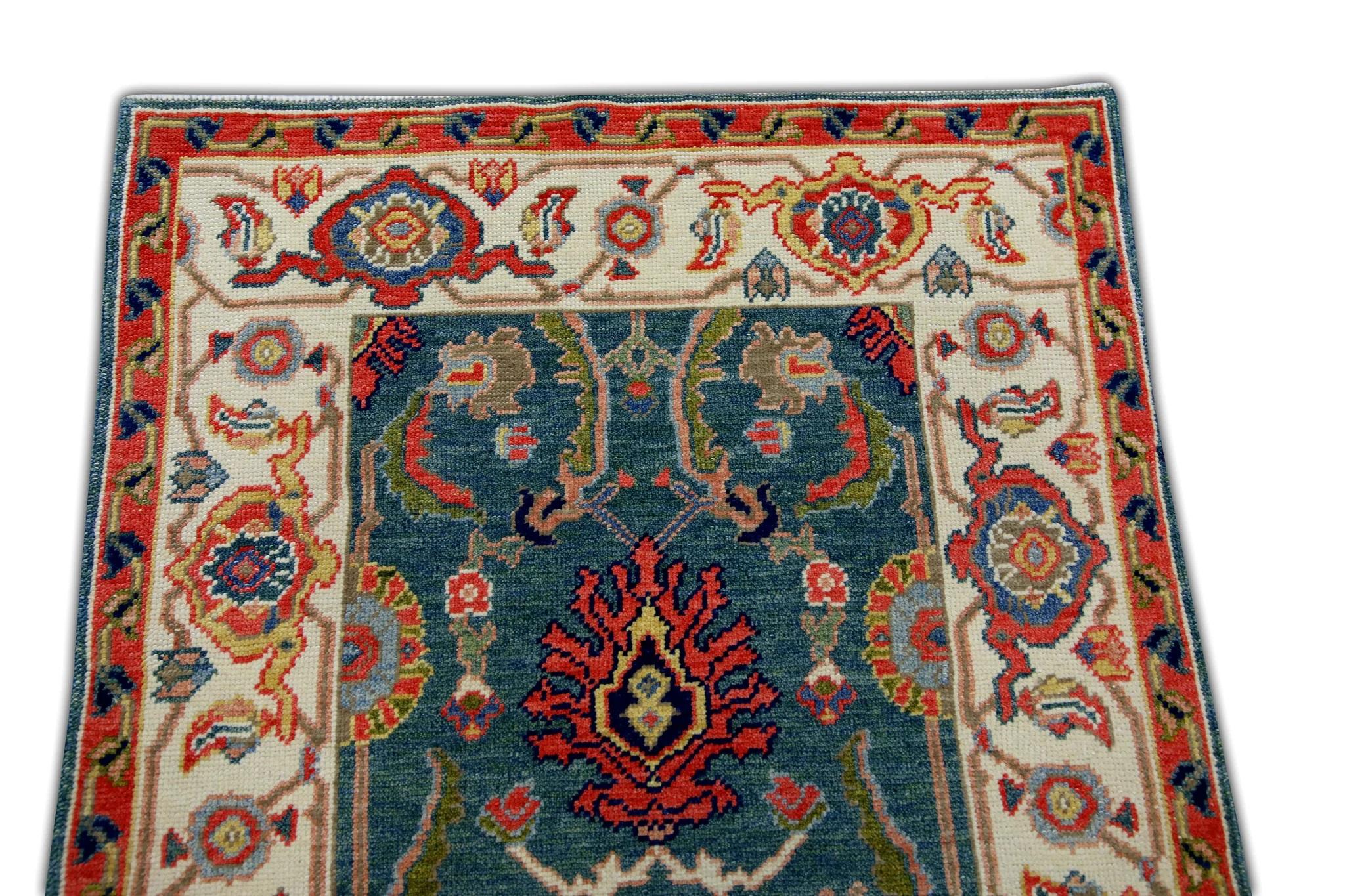 Cream, Green, and Red Floral Turkish Finewoven Wool Oushak Rug 2'7